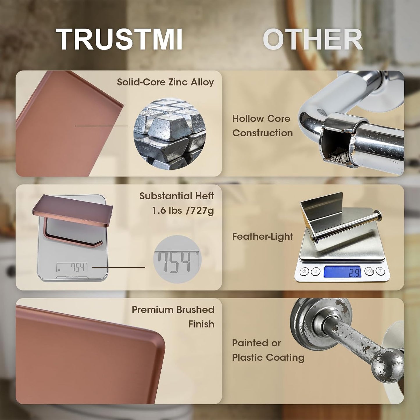 TRUSTMI Toilet Paper Holder with Shelf & Phone Stand, Brushed Rose Gold | Solid zinc alloy holder holds 15 lbs and fits