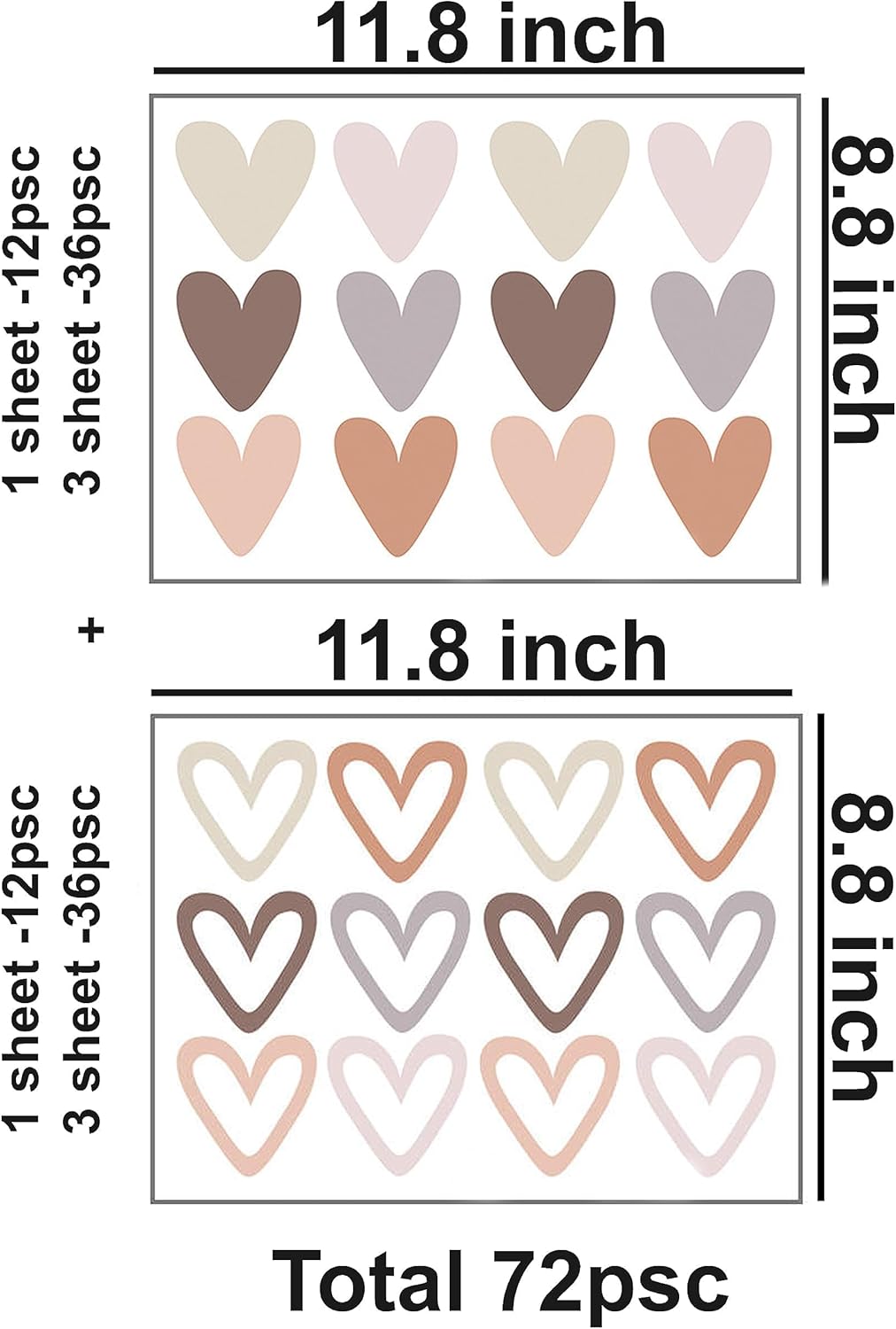 72psc Boho Heart Wall Stickers Girls Bedroom Removable Wall Decals Nursery Kids Decor