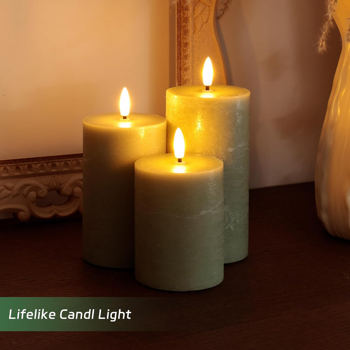 Olive Green Flameless Pillar Candles, Wax LED Candles with Remote | Realistic Battery Operated Decorative Candles