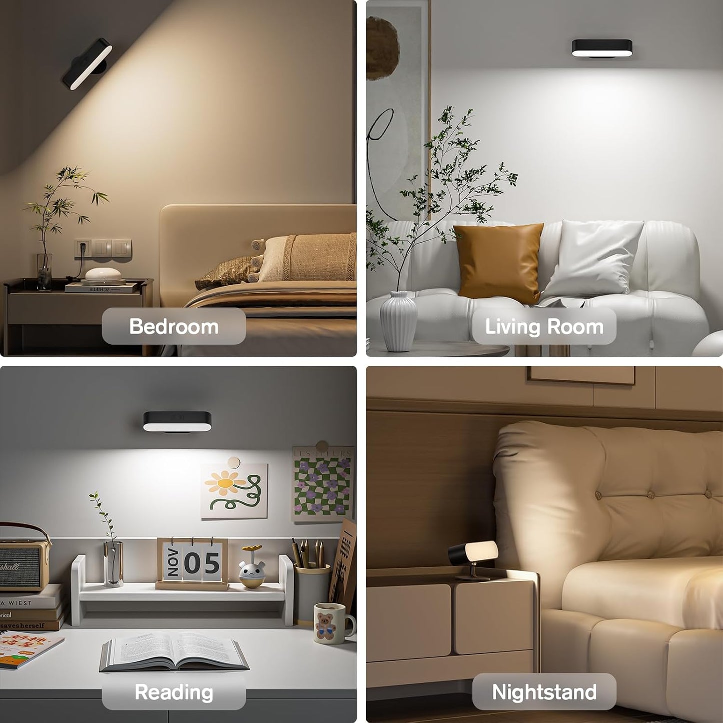 Battery Operated Wall Sconces Set of 2, Rechargeable&Cordless, Black | 5 Color Temps & Dimmable Touch Control