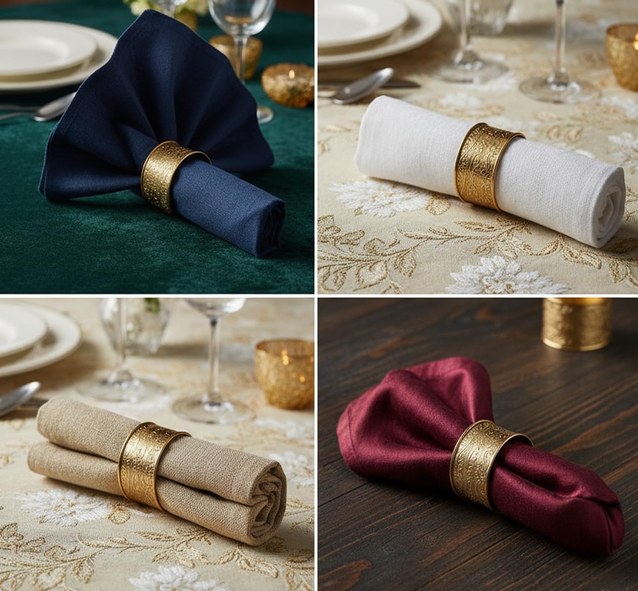 Handcrafted Floral Table Napkin Rings, Gold Tone, Set of 12 | Handcrafted large-size floral napkin holders; Decorative