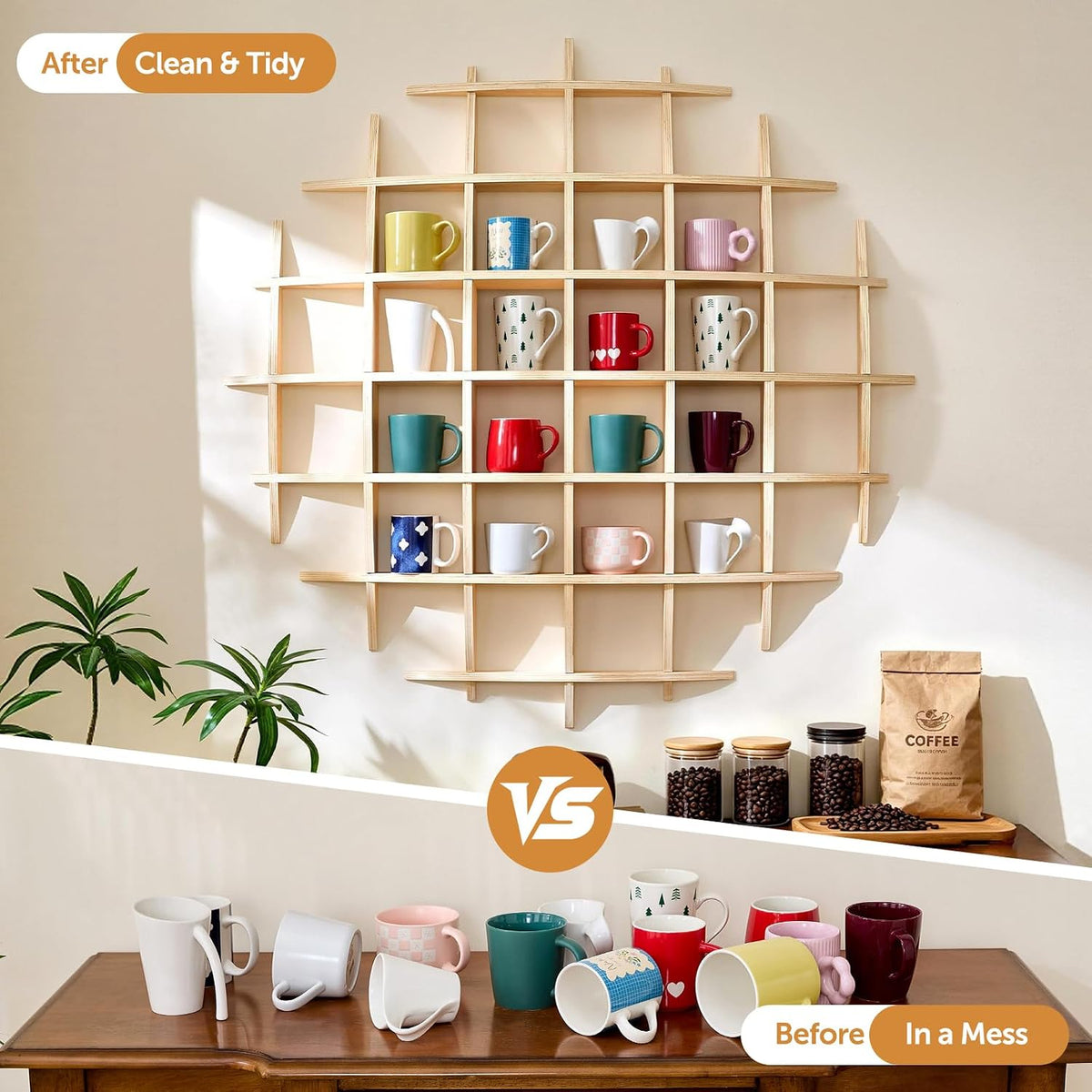 46 x 46 Inch Oversize Wooden Coffee Mug Display Shelf for Wall | Wall-mounted mug holder, floating curio shelf and tea