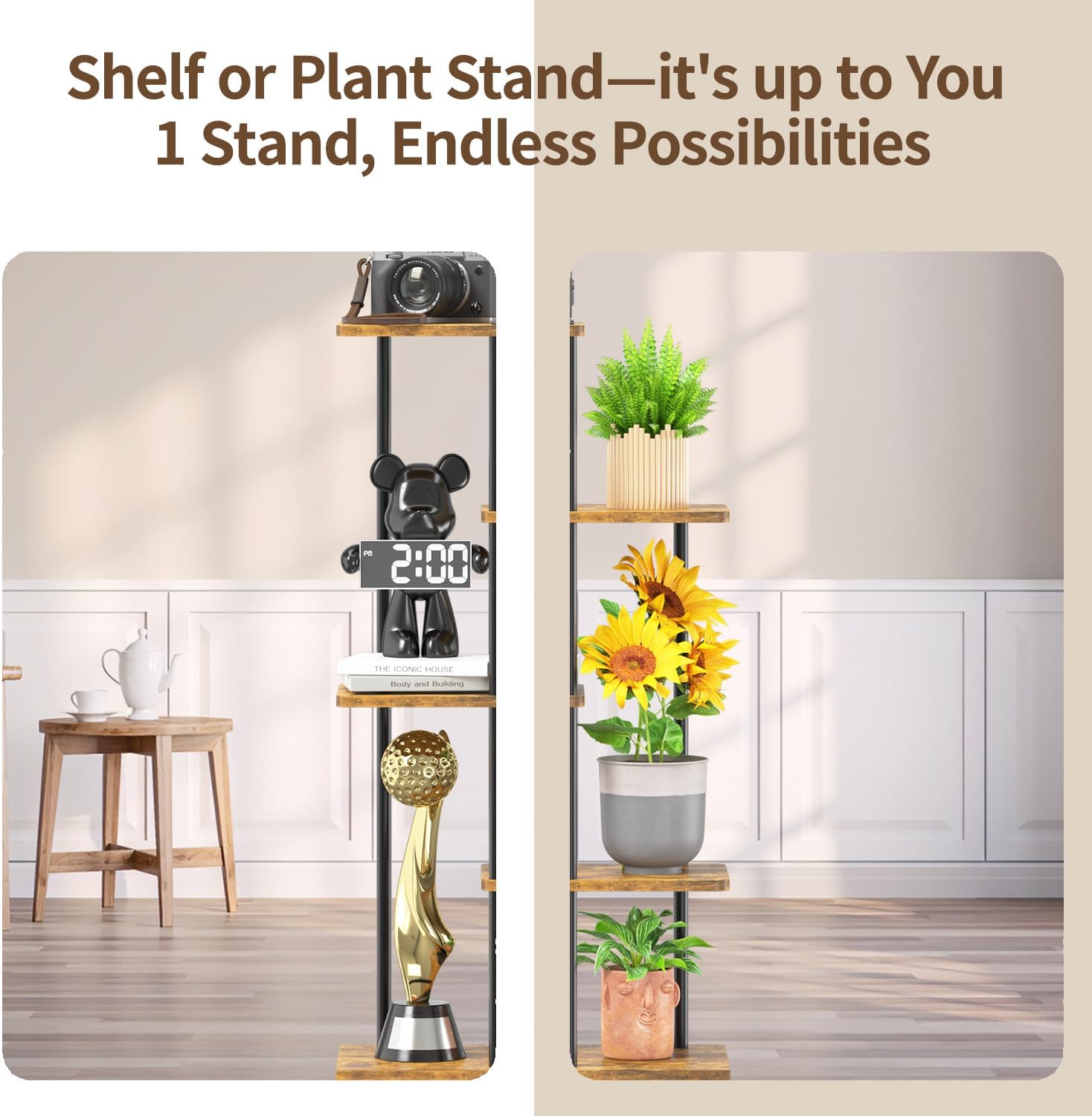 LASZOLA Plant Stand Shelf Tall for Indoor Corner, 4 Tier Wood Brown | Heavy Duty Multi Level Vertical Flower Rack for