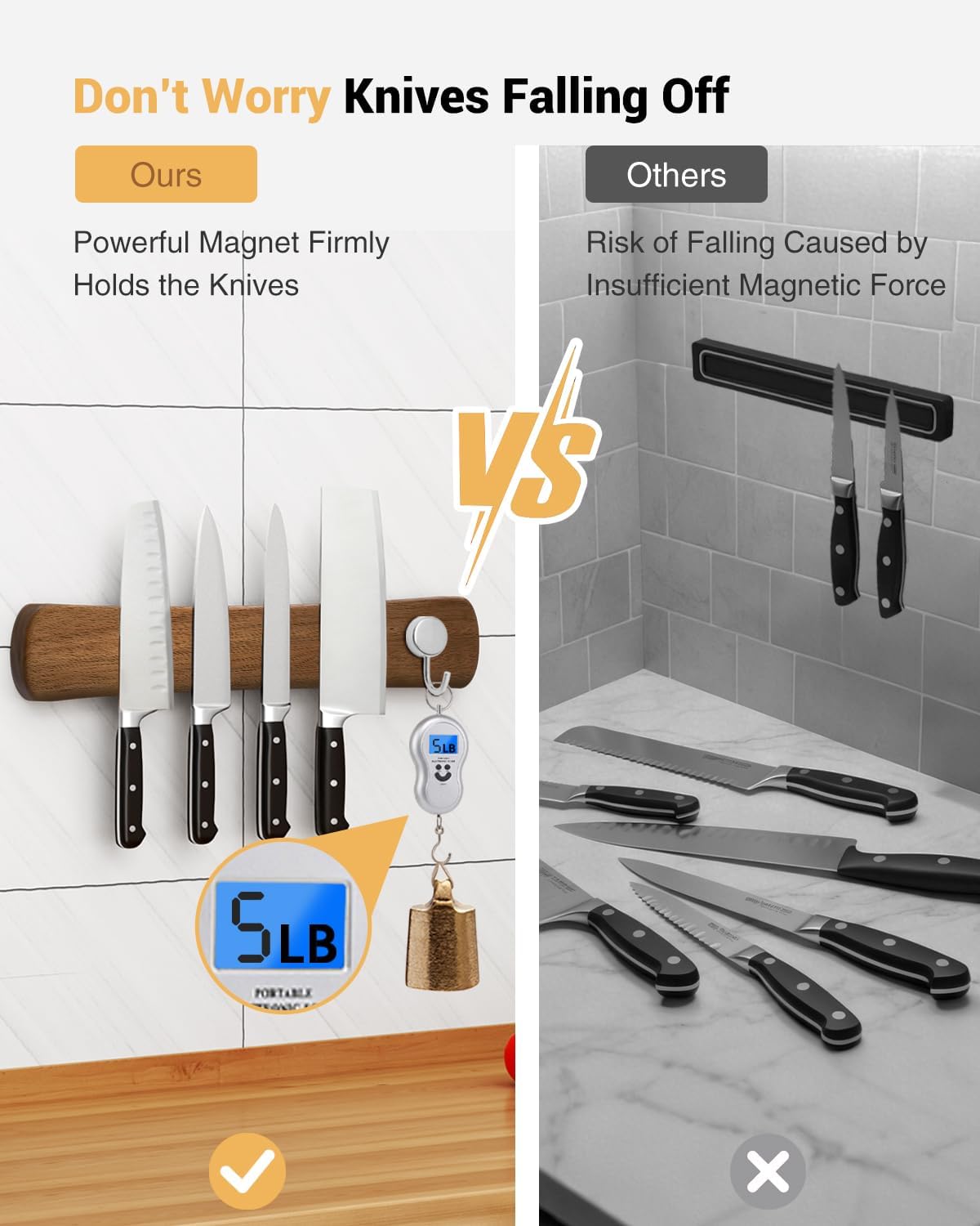 Magnetic Knife Holder, 24 Inch Acacia Wood Knife Strip for Wall or Fridge | Fridge Magnetic or Screw-Mounted, Strong