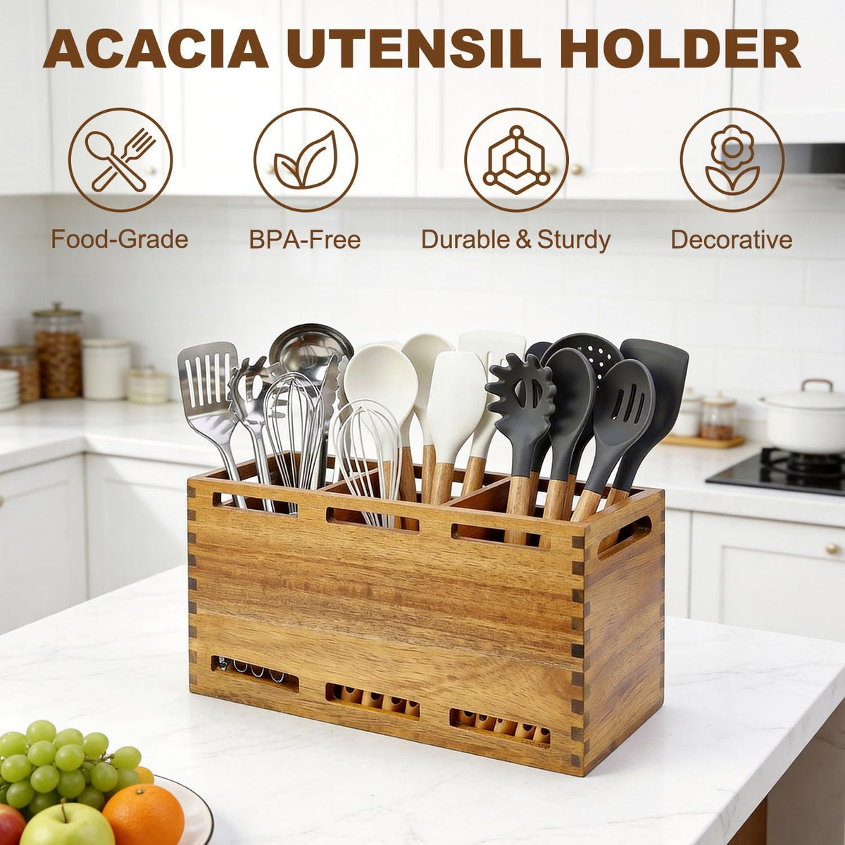 Acacia Wood Large Utensil Holder for Kitchen Counter Organizer Spoon Holder | Cooking Utensils Holder Countertop