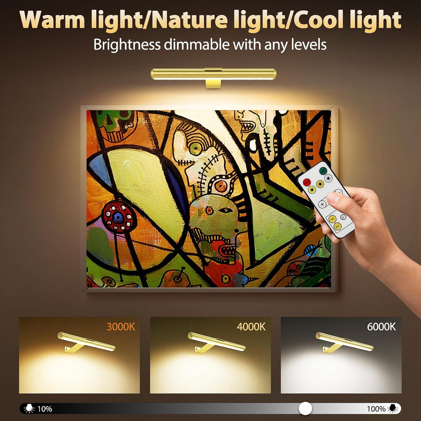 22'' Picture Light Gold for Painting with 3 Lighting,Rechargeable Wall Art Light for Painting Brightness