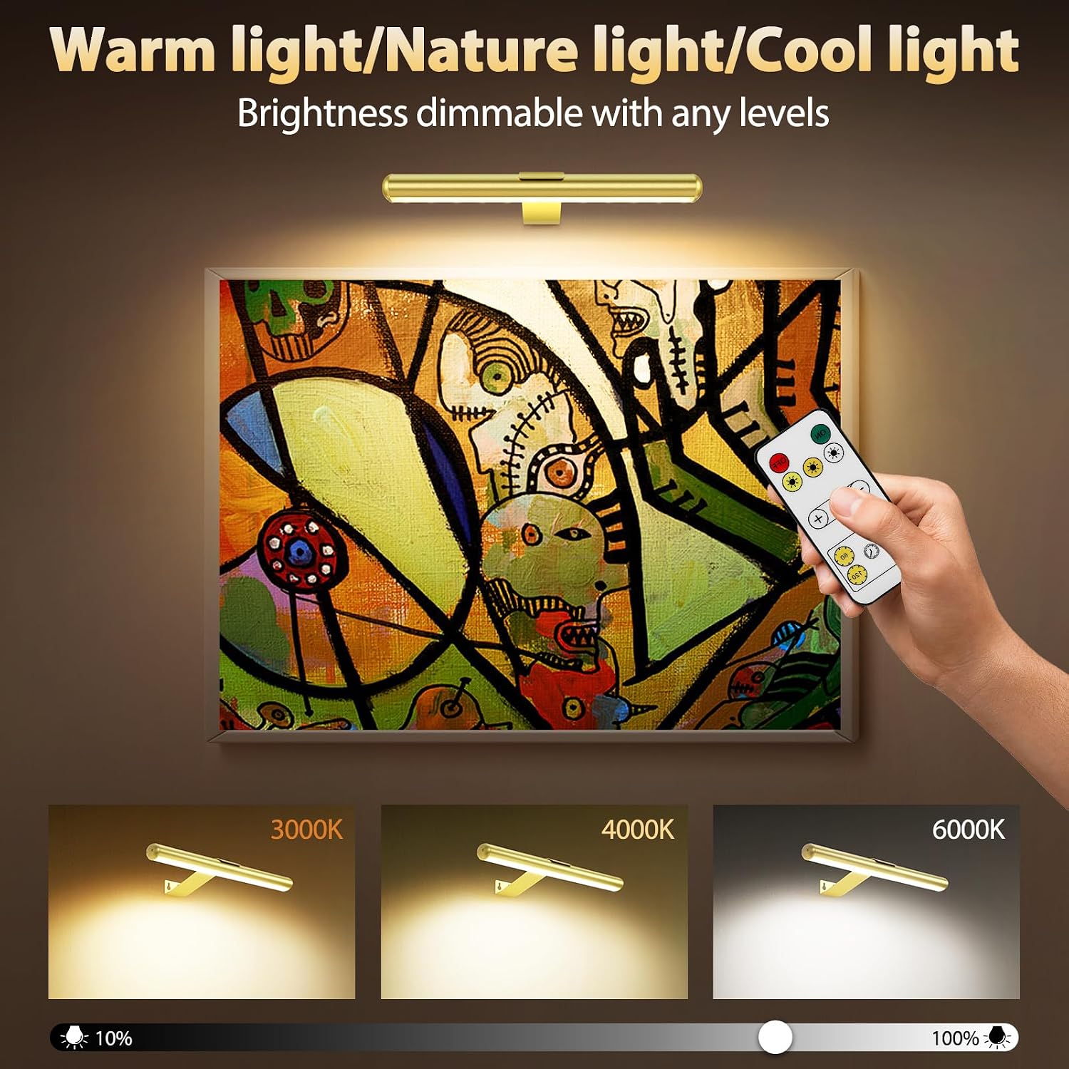 22'' Picture Light Gold for Painting with 3 Lighting,Rechargeable Wall Art Light for Painting Brightness