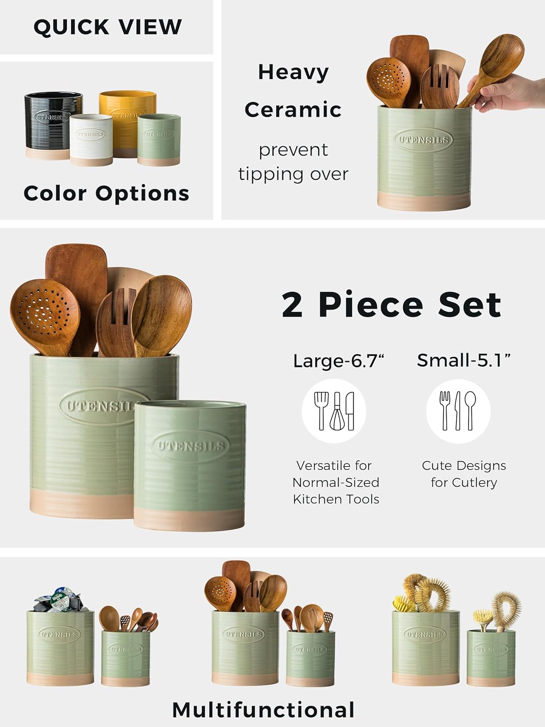 YHOSSEUN Kitchen Utensil Holder Set of 2, Utensil Crock for Countertop | 6.7"+5.1" Cooking Utensil Holder for Kitchen