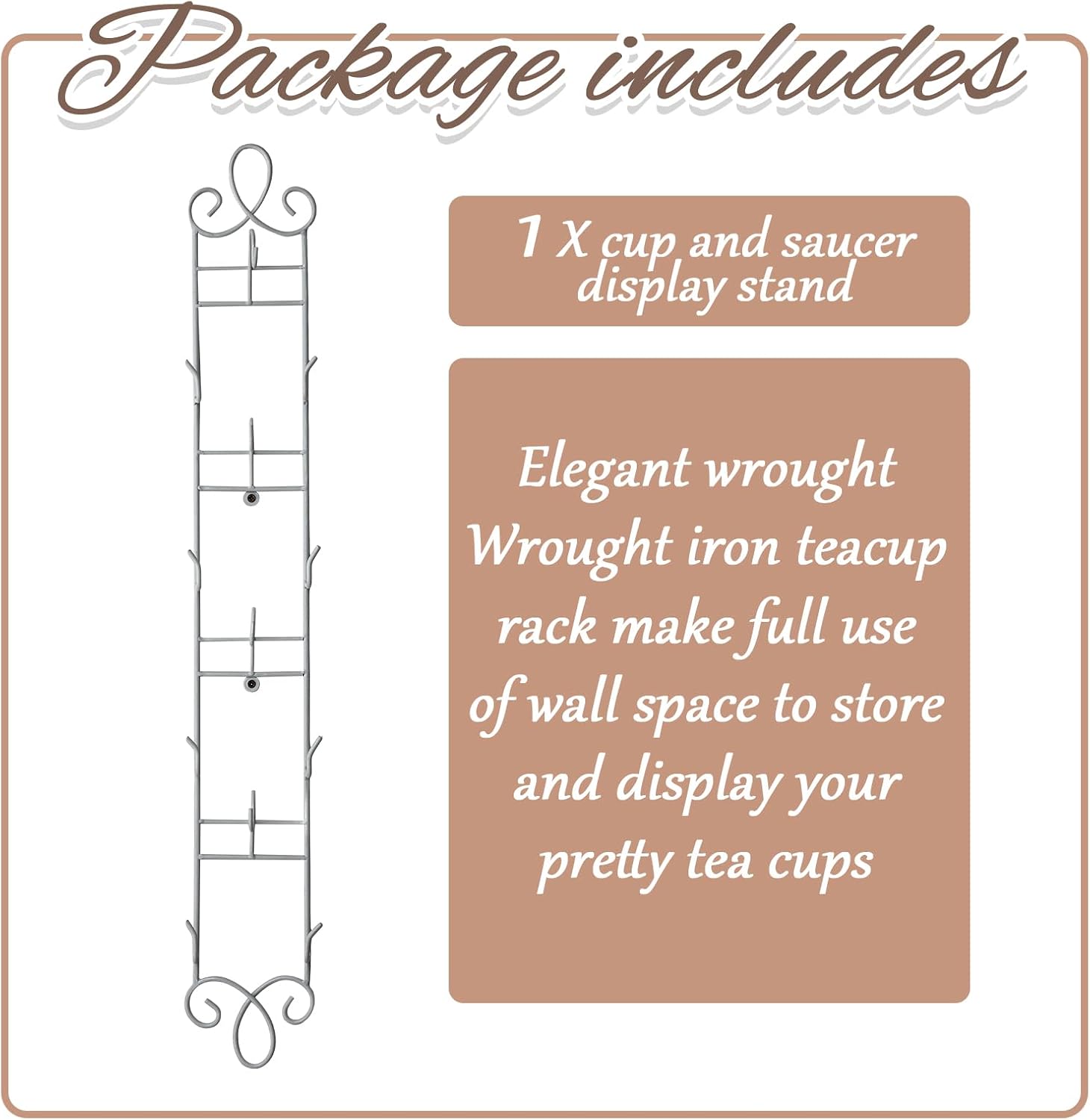 Blulu 1 Pcs Wall Mounted Tea Cup & Saucer Display Rack 4 Tiers,White | 36 x 5 Inch Vertical Metal Mug & Plate Hanger