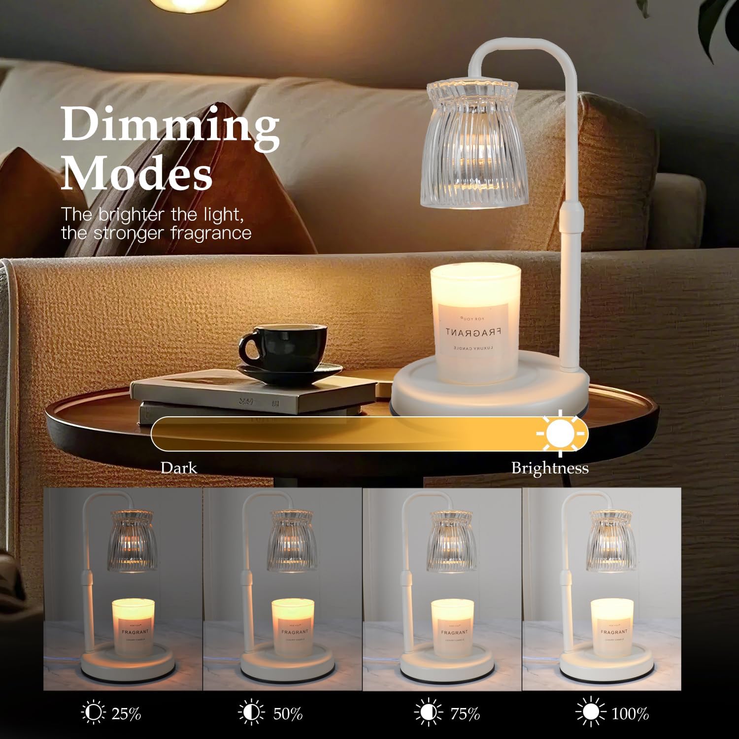 Shering White Candle Warmer Lamp with Timer & Dimmable - Metal Base & Glass Shade, Adjustable Height Wax Melter for Jar