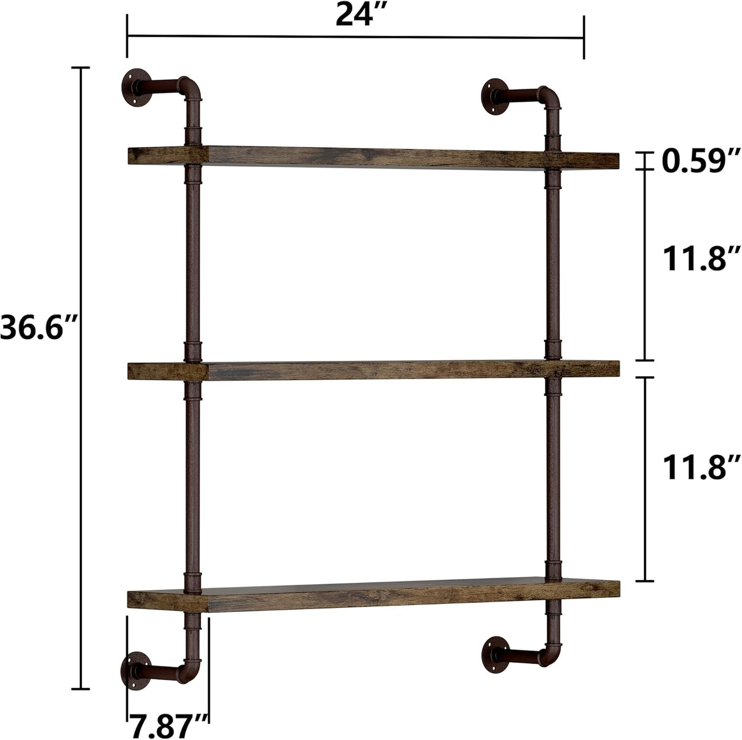 3 Tier Industrial Pipe Shelf Rustic Wood Floating Shelves / 1set / 24inch