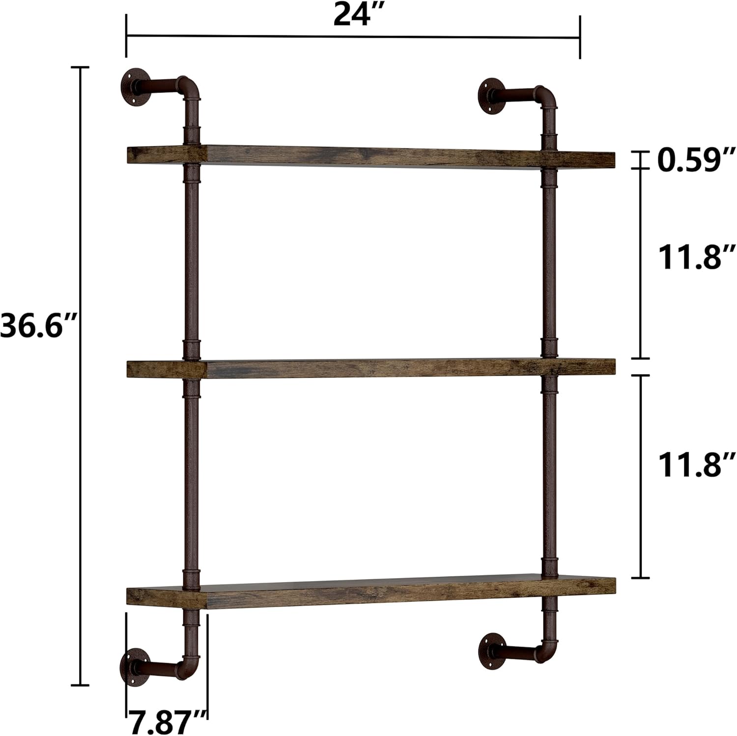 3 Tier Industrial Pipe Shelf Rustic Wood Floating Shelves / 1set / 24inch