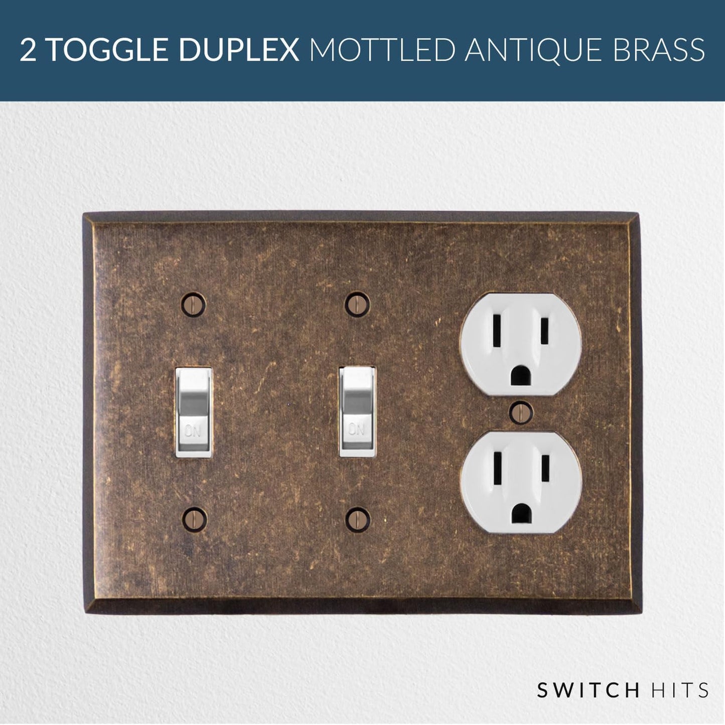 Double Light Switch Plate Outlet Cover GFCI Wall Plate | 2 Toggle - 1 Duplex Mottled Antique Brass Electrical Faceplate
