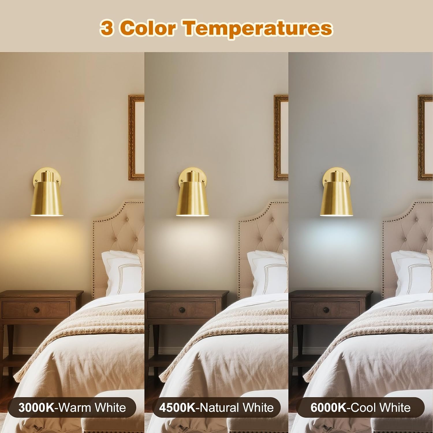 Gold Battery Operated Wall Sconces Set of Two with Remote, Rechargeable Battery Powered Wall Lights, 3 Color