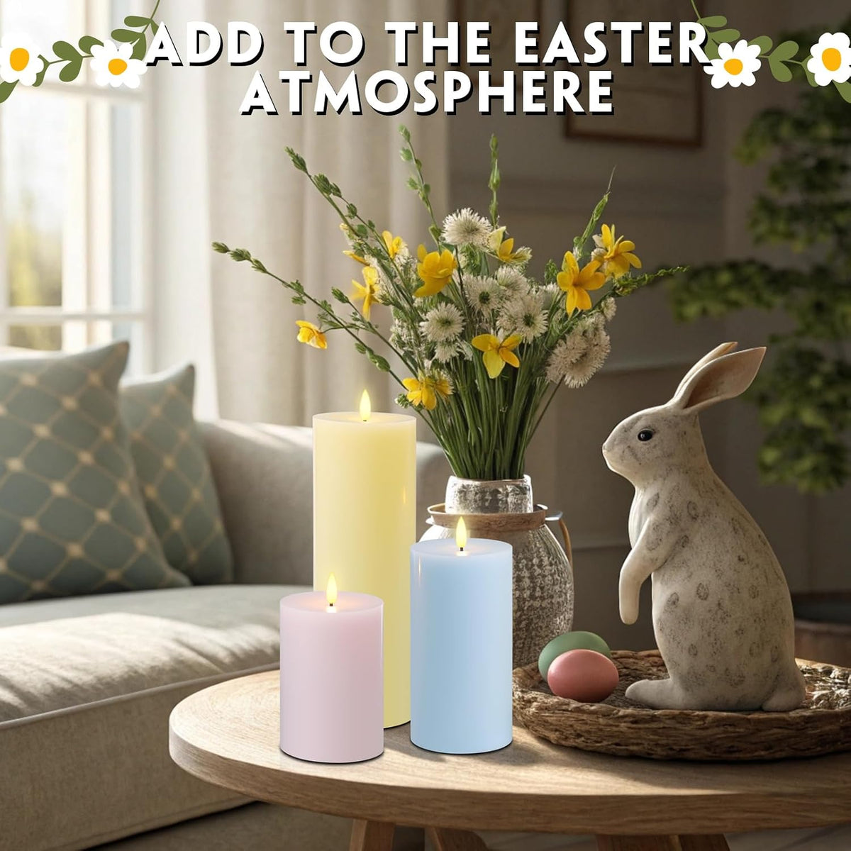 3 Pcs Easter 6/8/12 Inches Large Flameless LED Candles with Remote and 2/4/8 H Timer Yellow Pink and Blue Battery