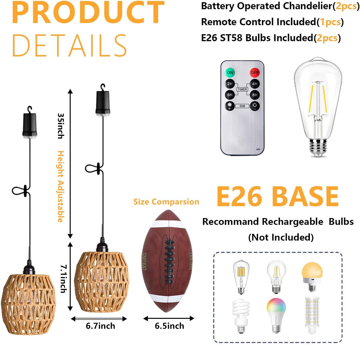 Battery Operated Chandelier, 2 Pack Natural Rattan Pendant Lights - Waterproof Outdoor Boho Hanging Lamps with