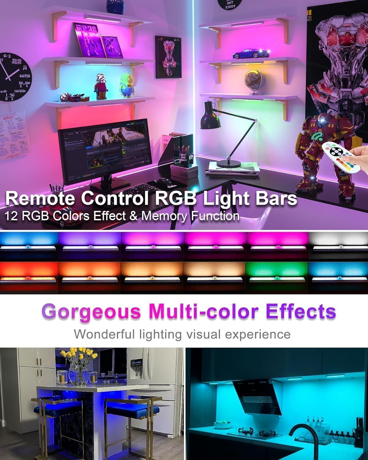 Under Cabinet Lighting Wireless, RGB LED Closet Lights, 4 Pack | 58 LEDs,Rechargeable Motion Sensor Light Indoor