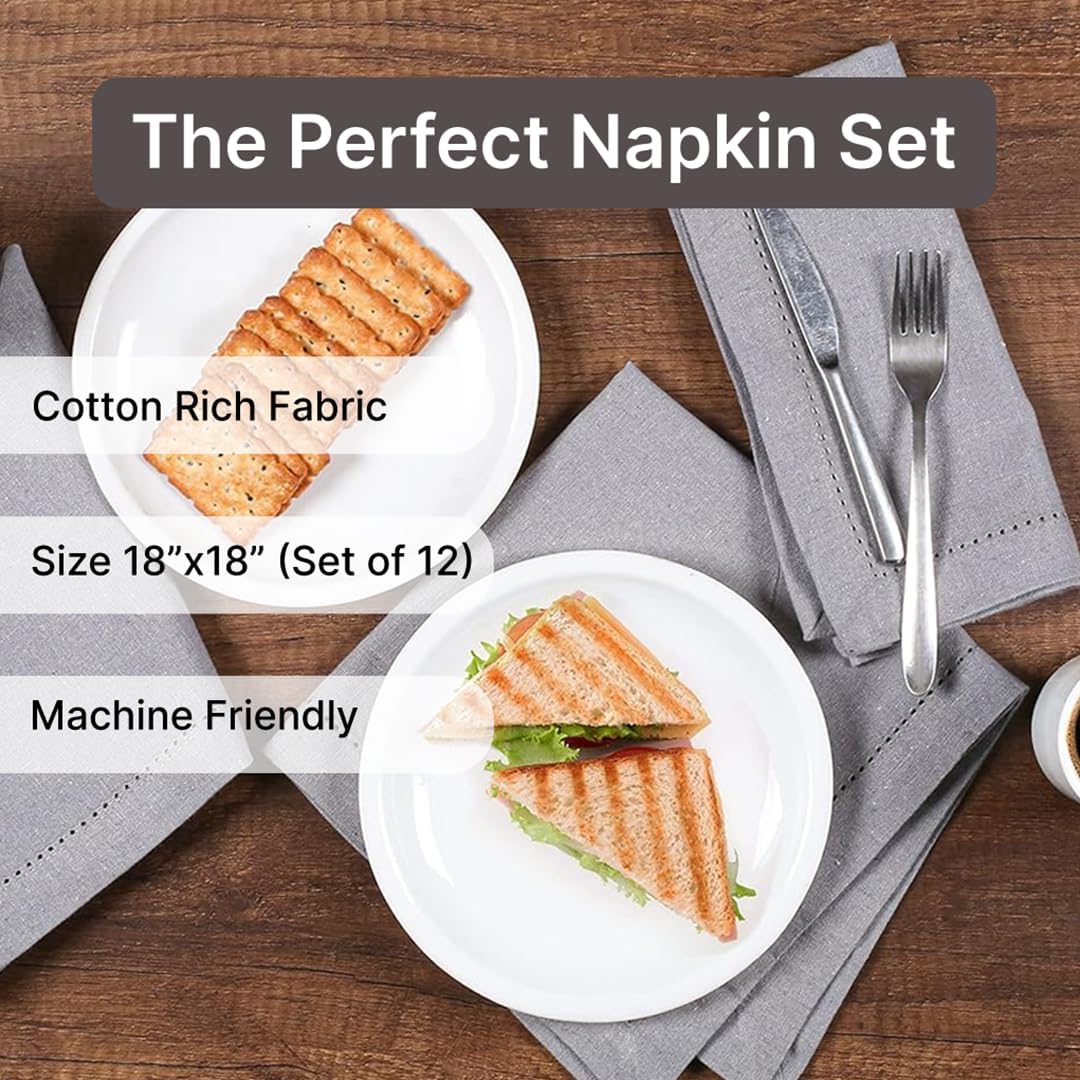 LFH Home Hemstitched Cloth Dinner Napkins 18x18 Inch Set of 12 - Reusable 100% Cotton Machine Washable Cocktail Napkins