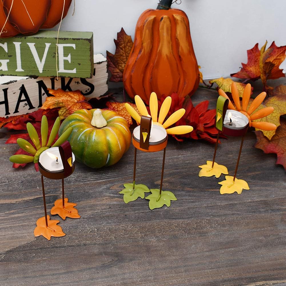 Attraction Design Decorative Candle Holder Thanksgiving Turkey Decorations Set of 3, Metal Turkey Home Decor Accent
