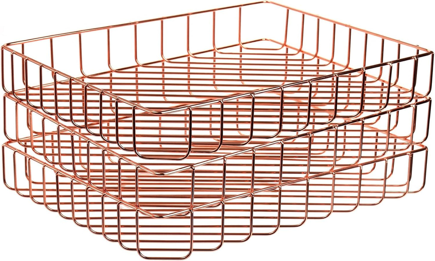 Okllen 3 Pack Wire File Tray, Rose Gold Desk Paper Letter Tray, Magazine Files Storage Basket Organizer Bin for Office