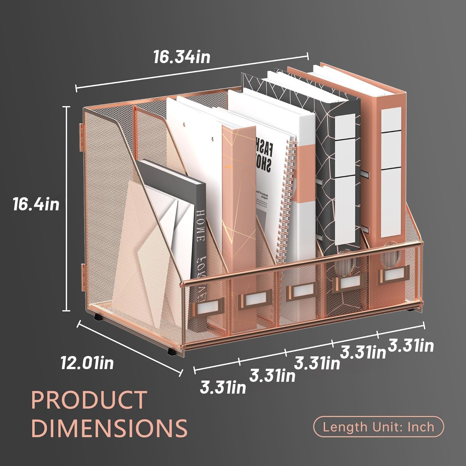 DALTACK 5-Slot Magazine File Holder, Metal Binder Holder, Rose Gold | Iron Mesh Construction, Labeled Sections for Easy