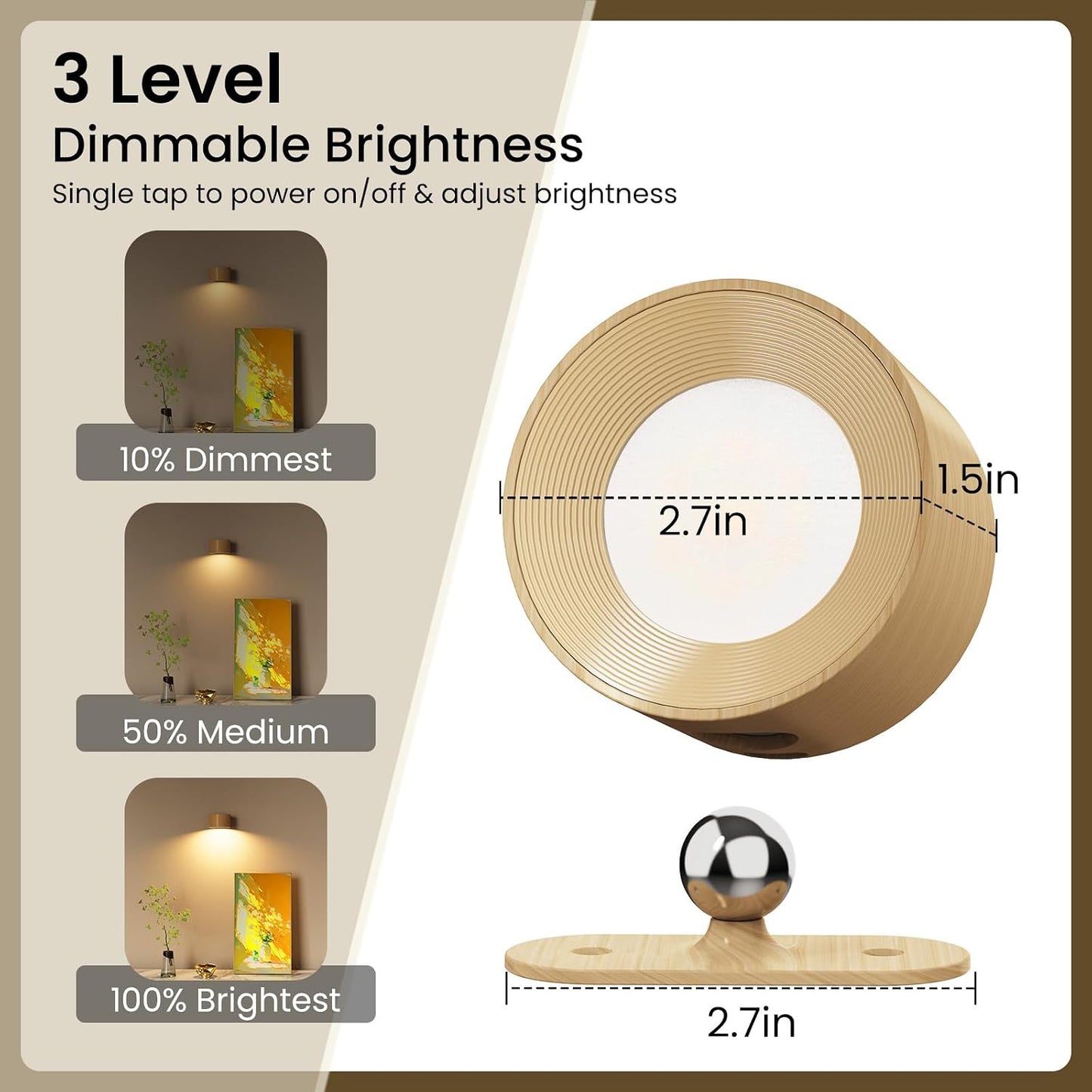Koopala 2PACK LED Wall Lamps with Rechargeable Battery Operated, Wall Mounted Lights with 3 Brightness 3 Color Temp