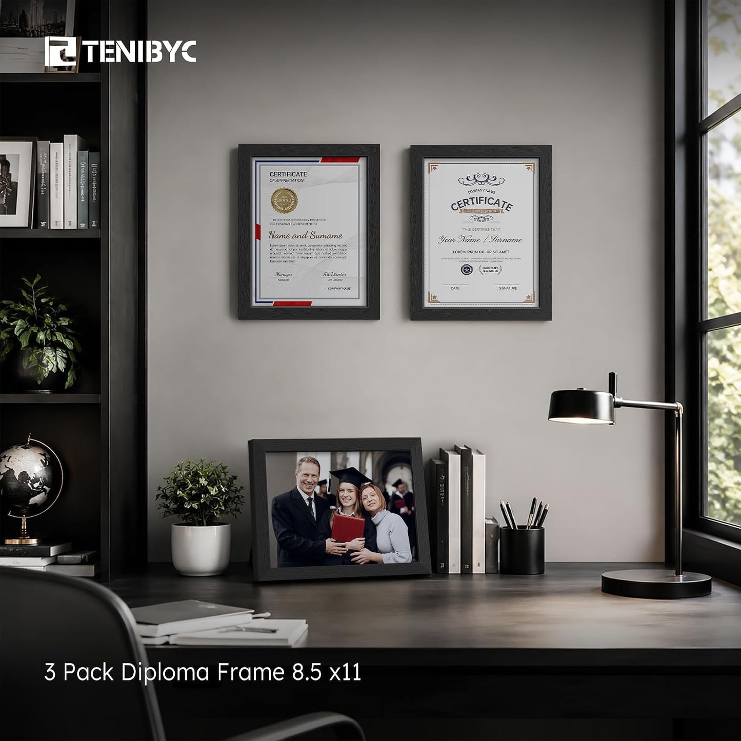 8.5 by 11 picture frame 3 Pack, Black Wood, Real Glass, for Photo | Thick HD Tempered Glass, Tabletop or Wall Hanging