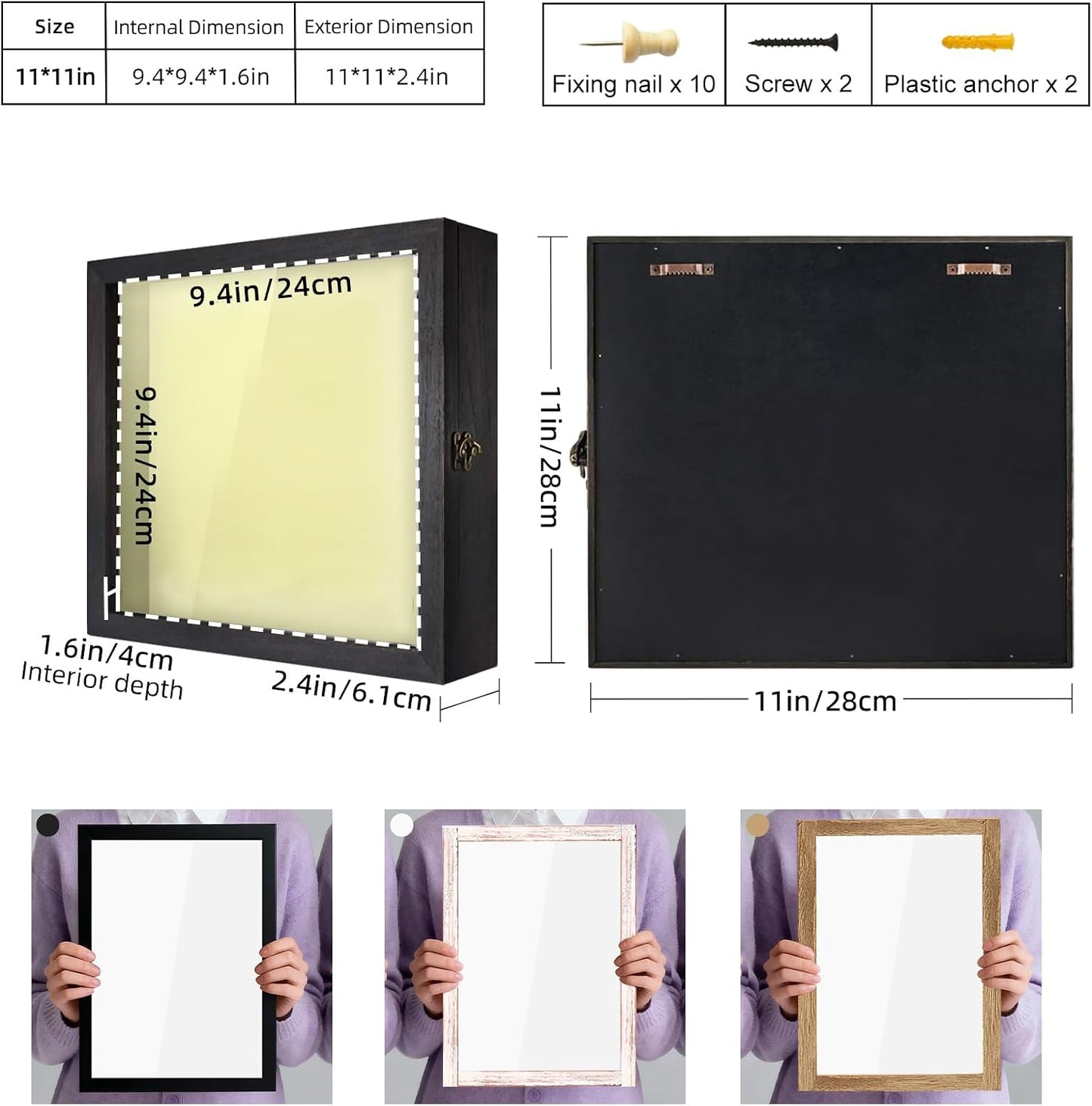 TJ.MOREE Shadow Box 11x11 Memory Display Case Wooden Picture Frame Black | Fits 9.4x9.4 Inserts with Linen Back Rustic