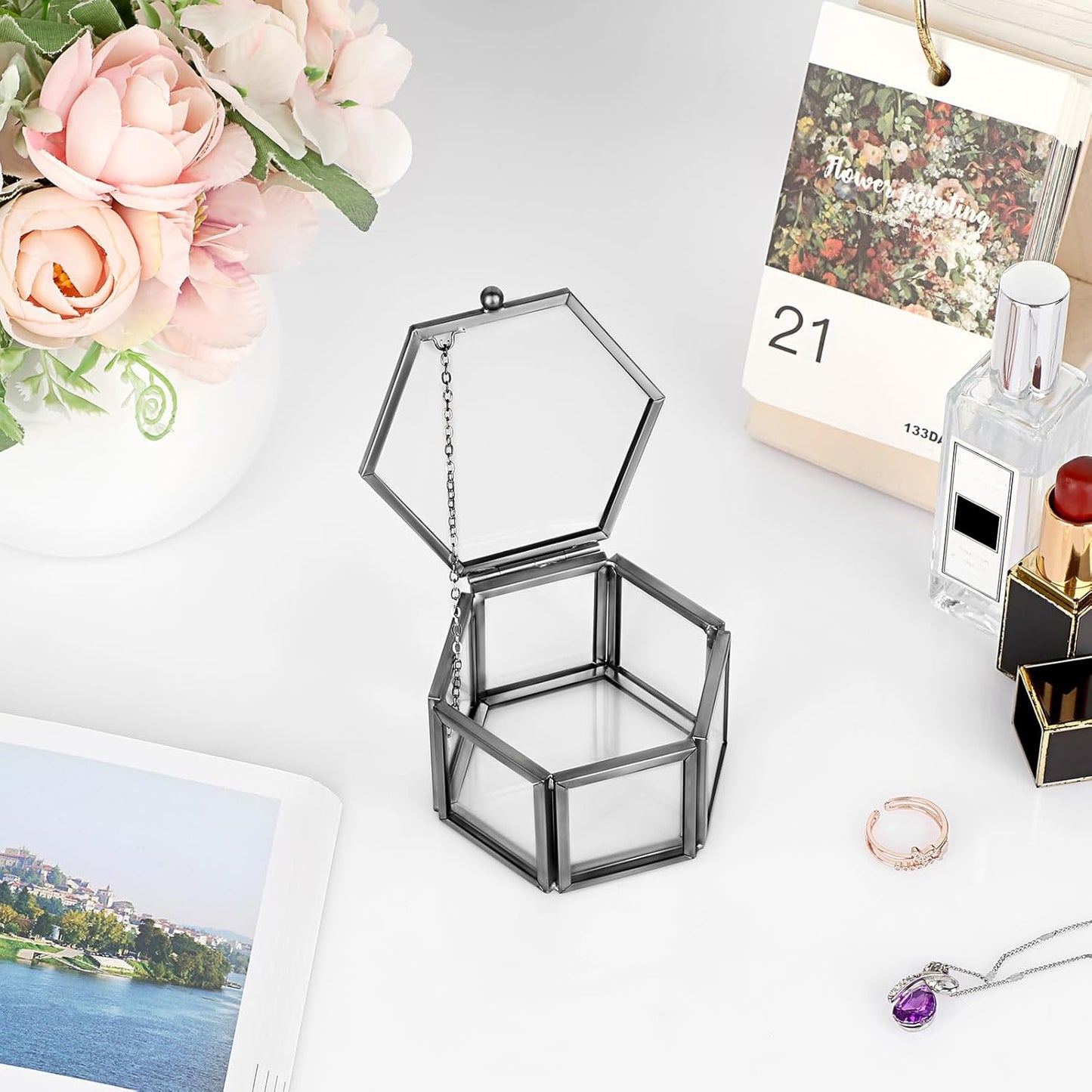 Hexagonal Jewelry Display Organizer Keepsake Box Home Decorative Box Case / Small / Black