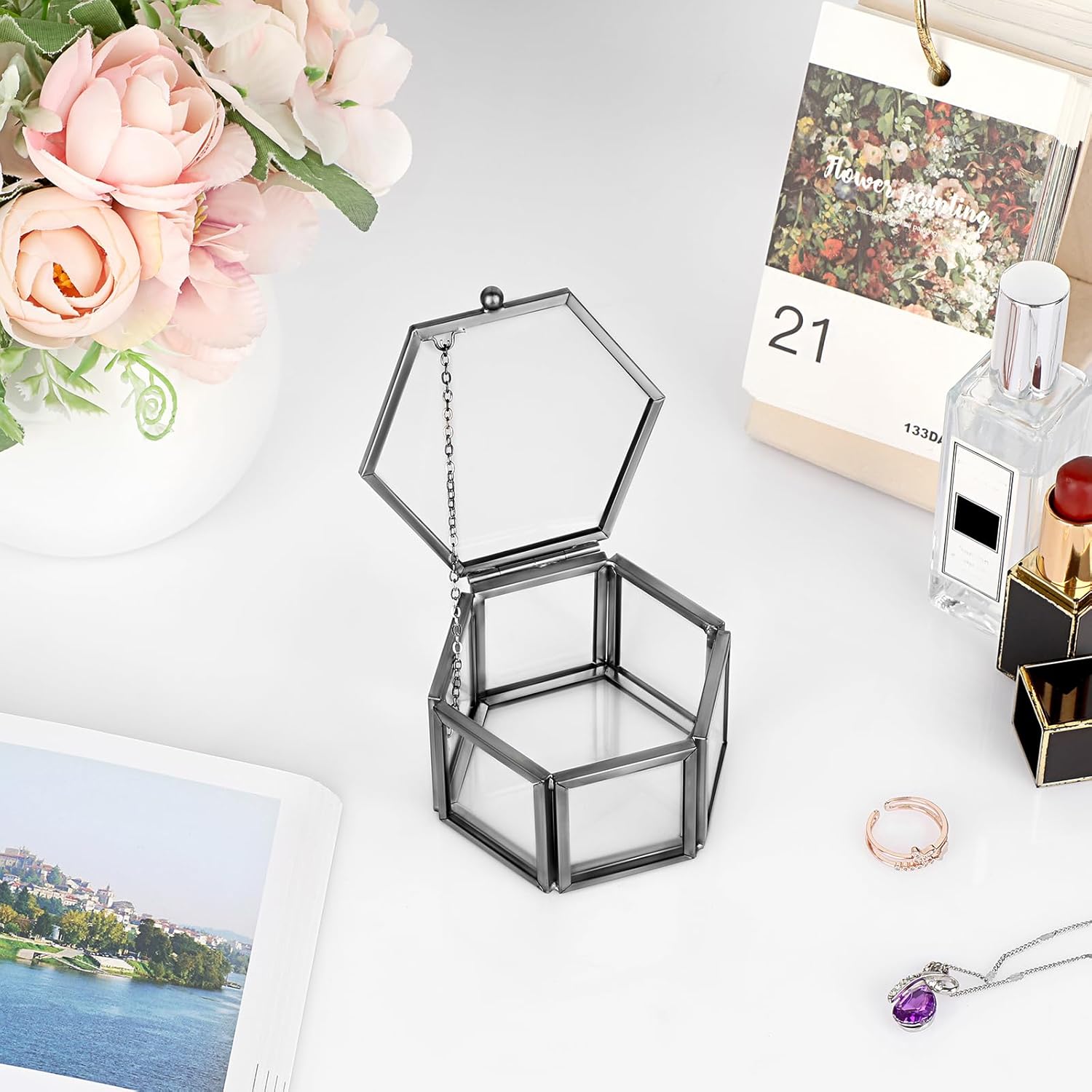 Hexagonal Jewelry Display Organizer Keepsake Box Home Decorative Box Case / Small / Black