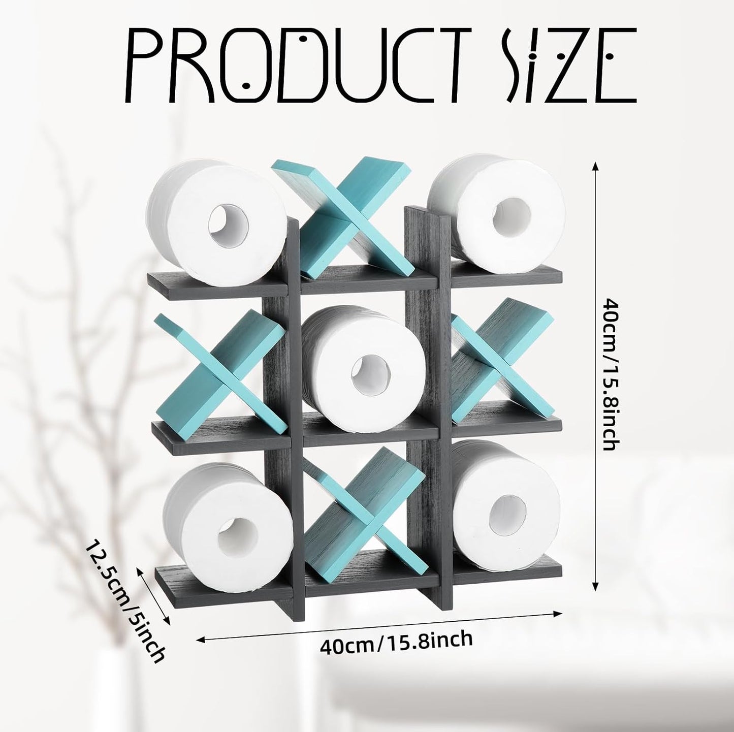 Weysat Tic Tac Toe Toilet Paper Holder,Gray, Light Blue | Farmhouse Bathroom Decor, Freestanding or Wall Mount Storage