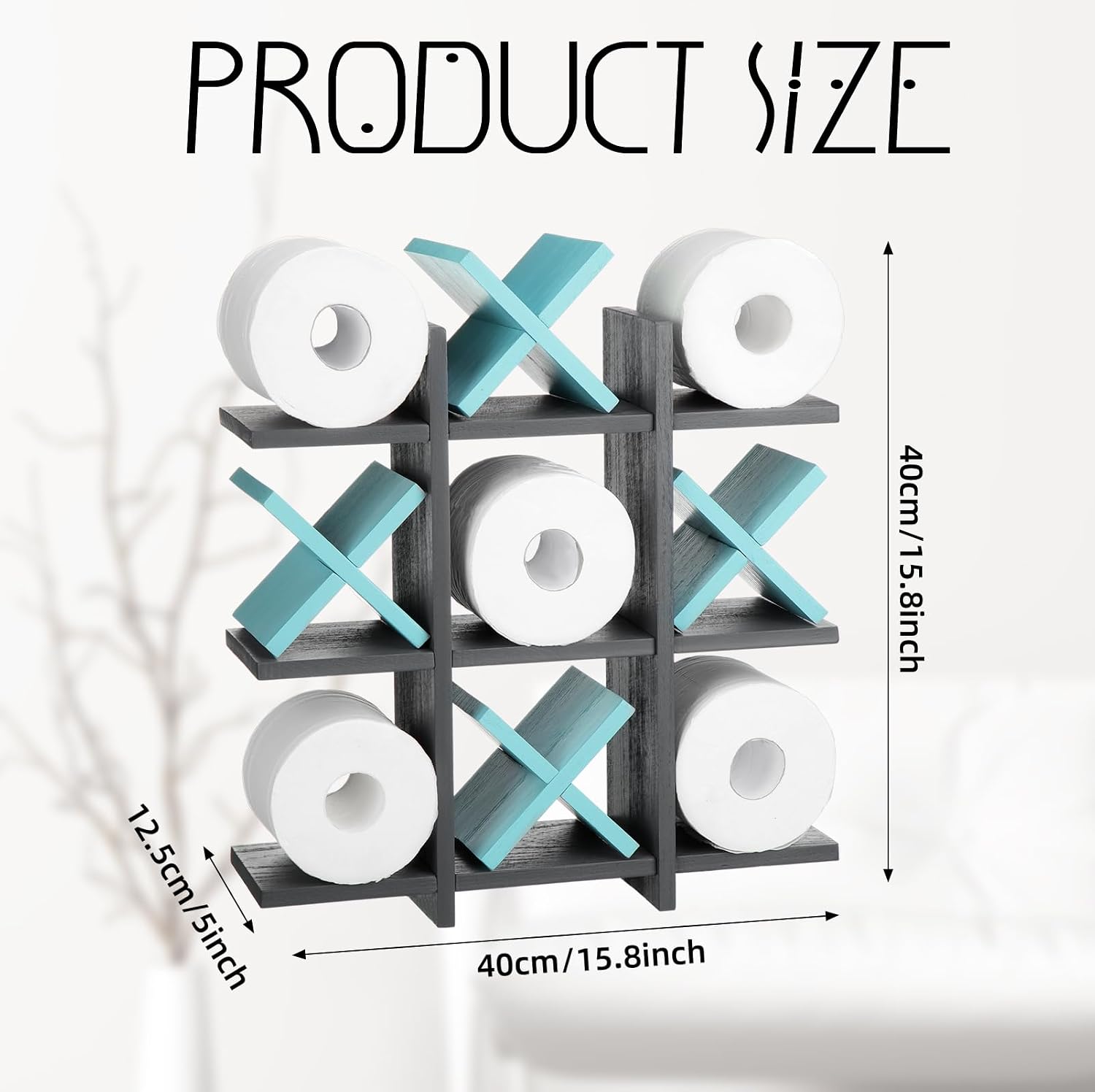 Weysat Tic Tac Toe Toilet Paper Holder,Gray, Light Blue | Farmhouse Bathroom Decor, Freestanding or Wall Mount Storage