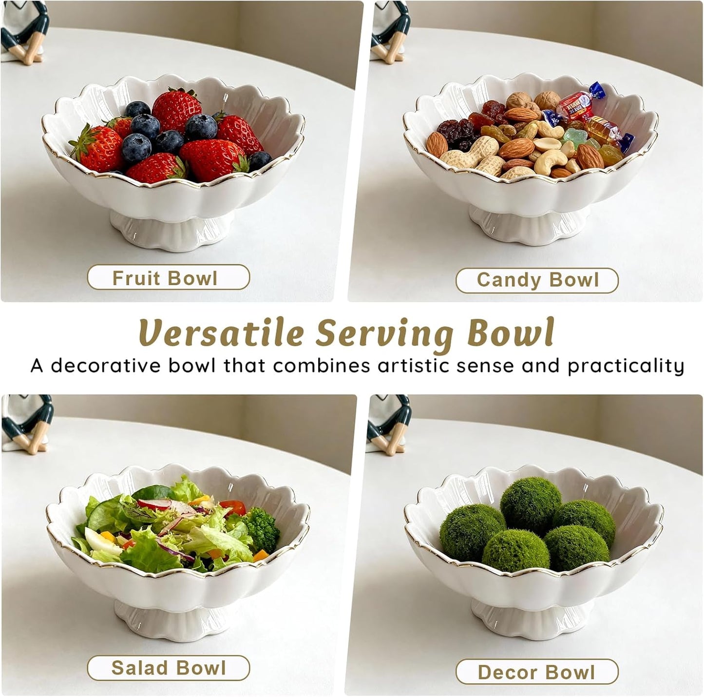 Small Decorative Bowl Ceramic Key & Fruit Bowl Ruffle Lotus Shape / 8 Inch / White