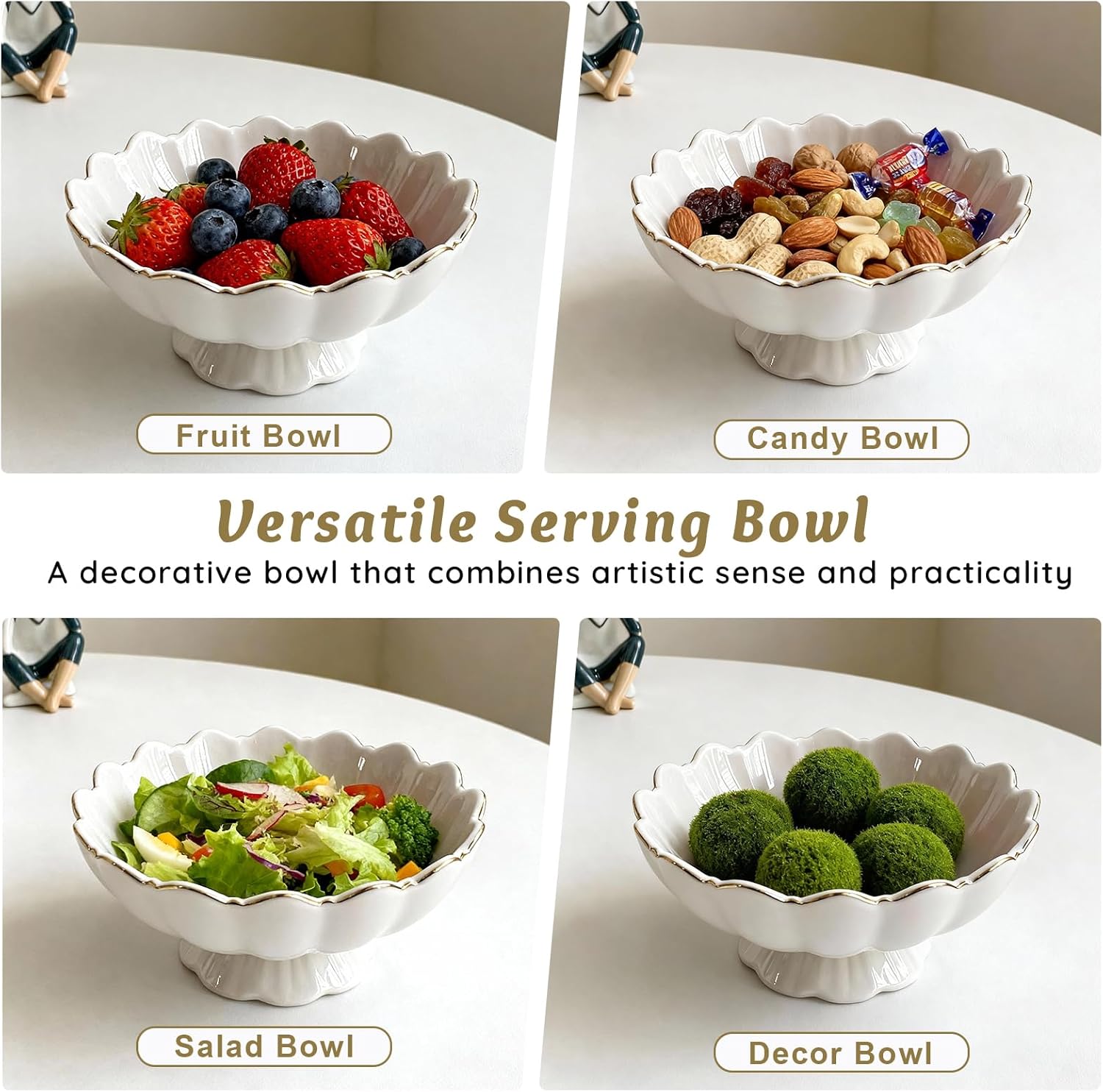 Small Decorative Bowl Ceramic Key & Fruit Bowl Ruffle Lotus Shape / 8 Inch / White
