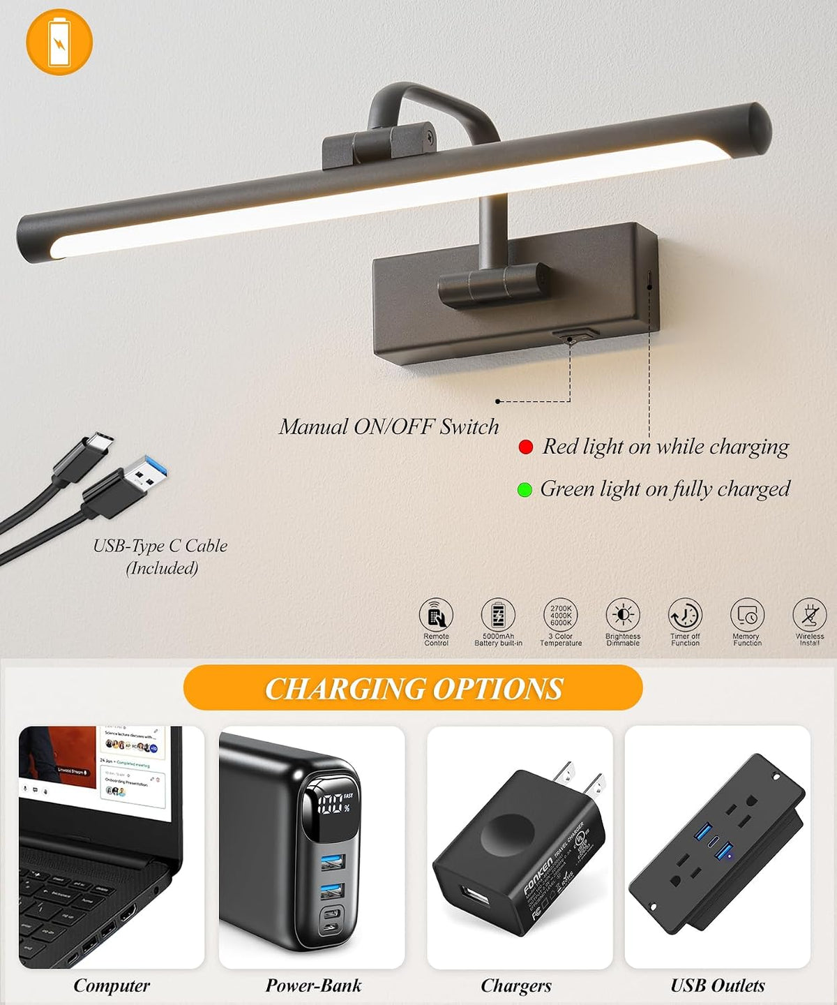 Picture Lights for Wall Battery Operated, Rechargeable Light for Picture with Remote & Timer, Black Art Light for