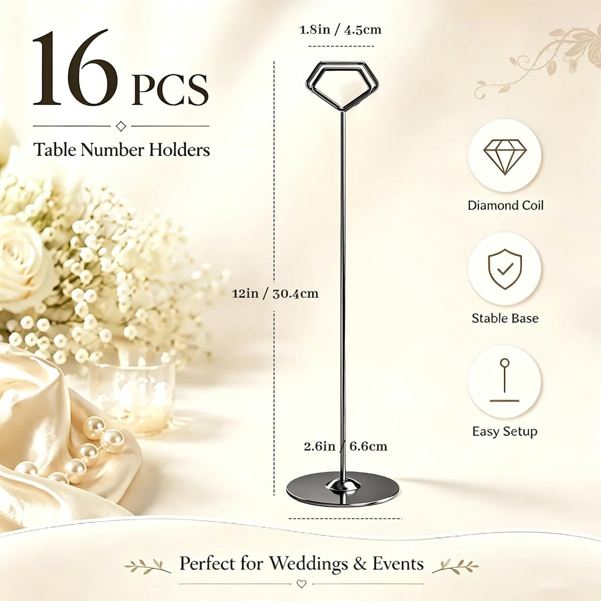 16 Pack 12 Inch Table Number Holders, Black Diamond Place Card Holders | Steel Table Card Stands for Weddings