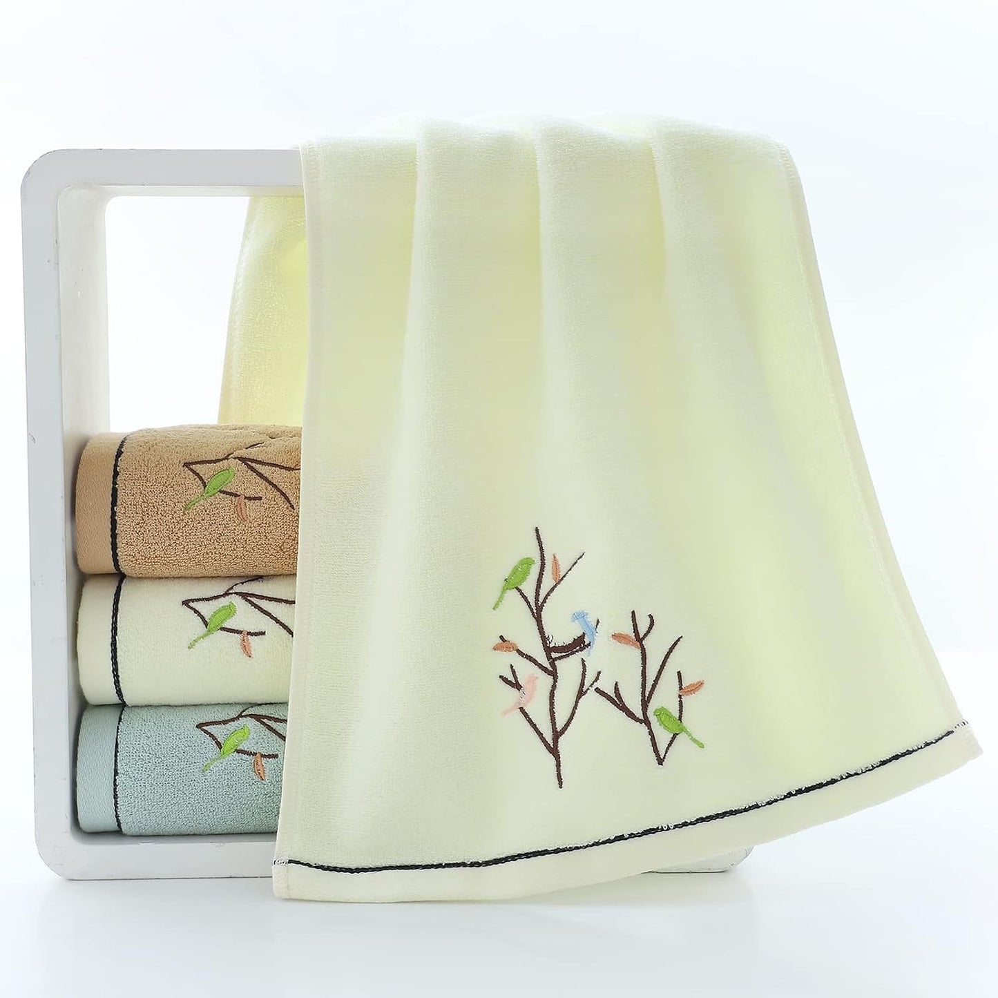 Bath Hand Towel Set of 3 Embroidered Bird Tree Pattern 100% Cotton Soft Absorbent Decorative Towels for Bathroom (Light