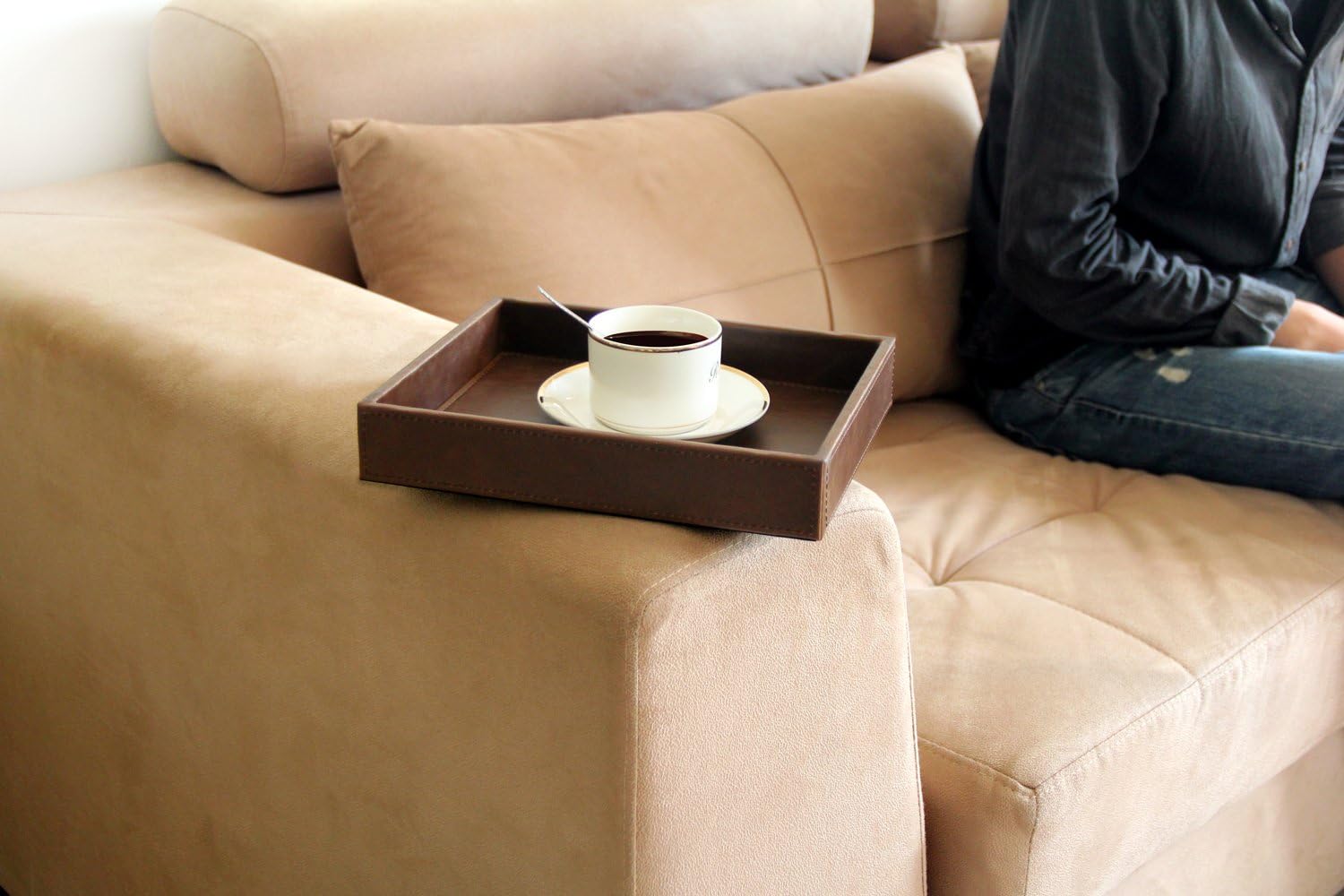 Leather Valet Tray Rectangular Catchall Tray Counter Organizer for Key / Brown