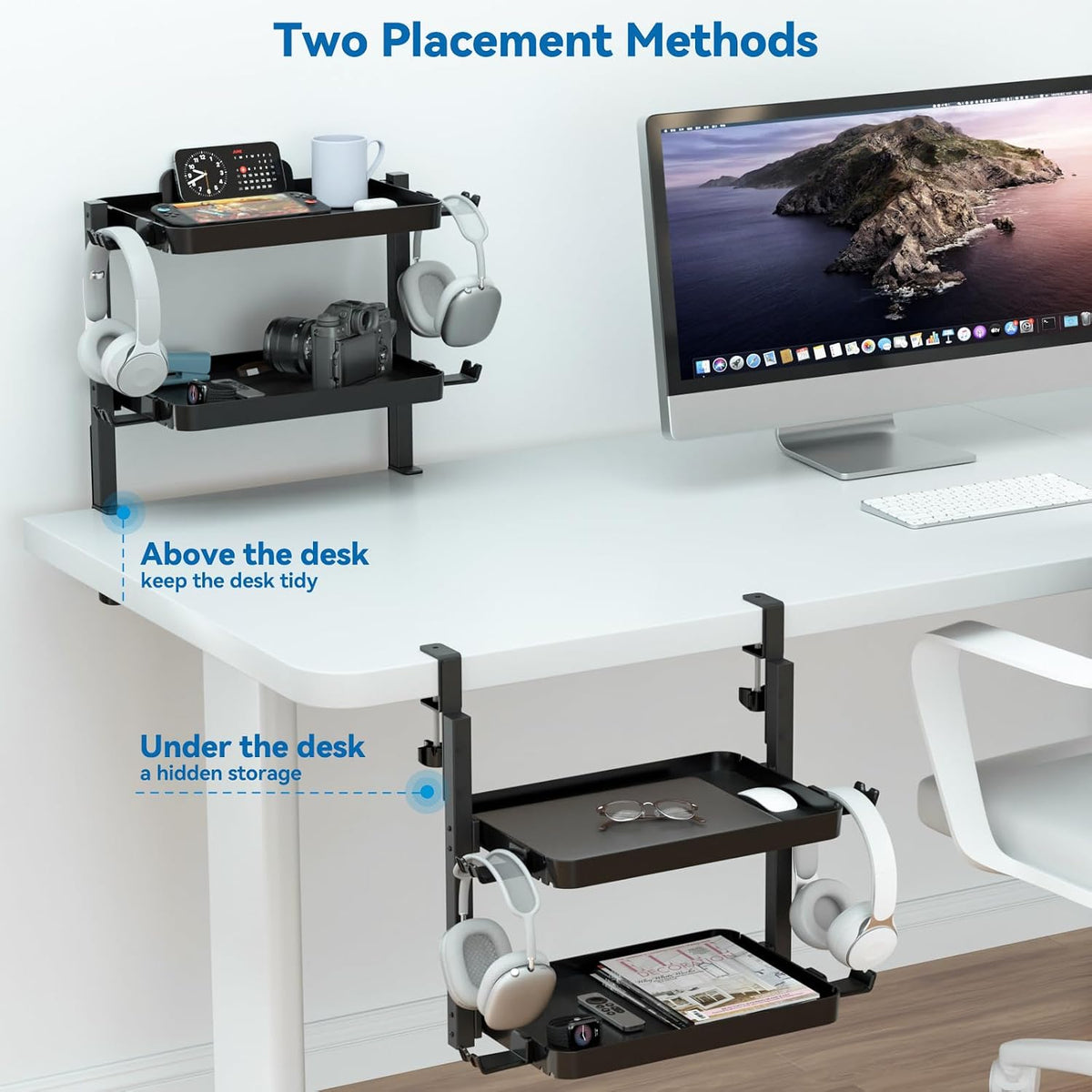 KDD Clamp On Desk Organizer - Adjustable 2-Tier Above or Under Desk Shelves with Large Capacity Tray, Phone & Tablet