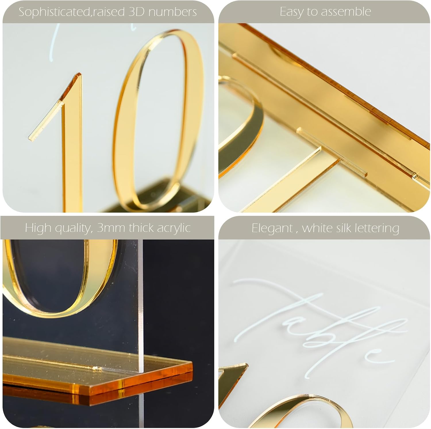 Acrylic Wedding Table Numbers 1-20 with Stands, 5"x7" Clear Acrylic Signs with 3D Gold Mirror Numbers, Clear and Gold