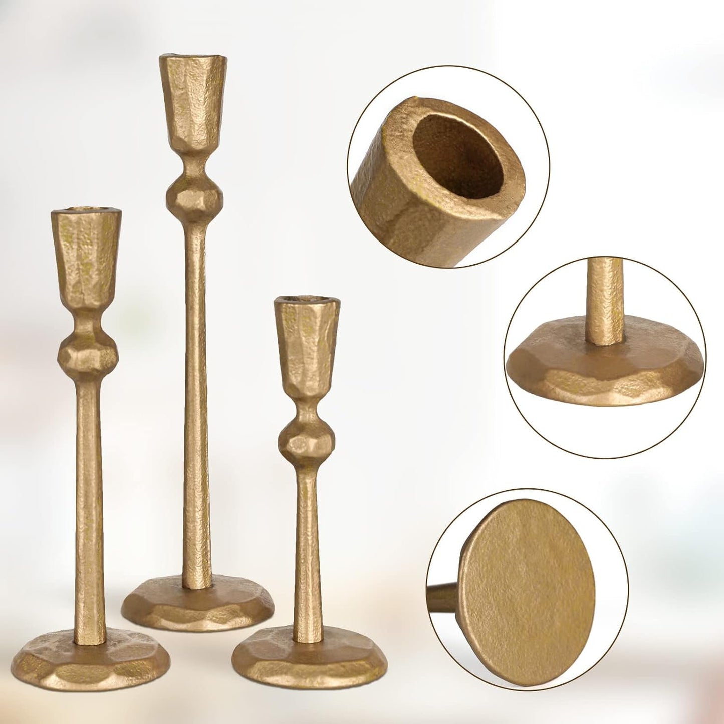 Antique Brass Iron Taper Candle Holder - Set of 3 Decorative Candle Stand | Candlestick Holder for Wedding, Dinning