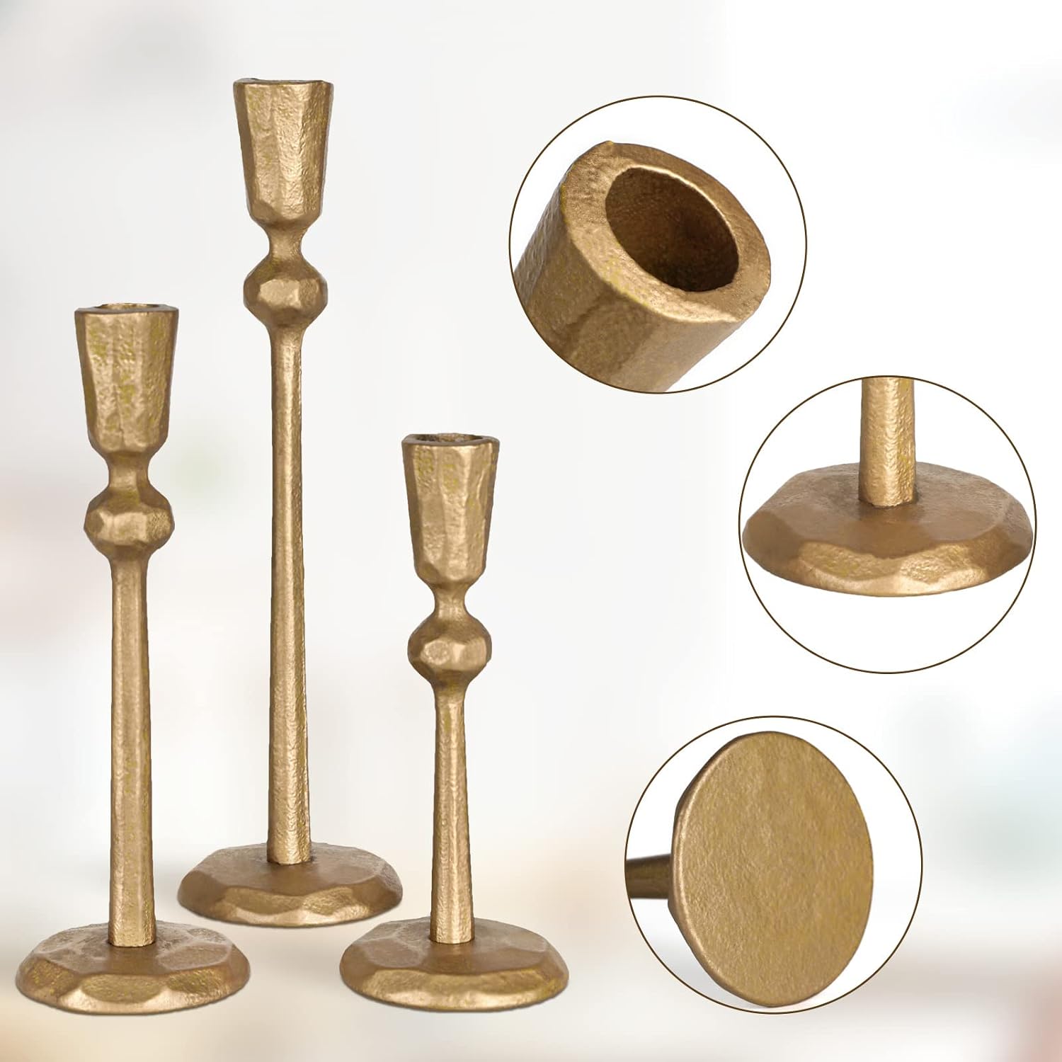 Antique Brass Iron Taper Candle Holder - Set of 3 Decorative Candle Stand | Candlestick Holder for Wedding, Dinning