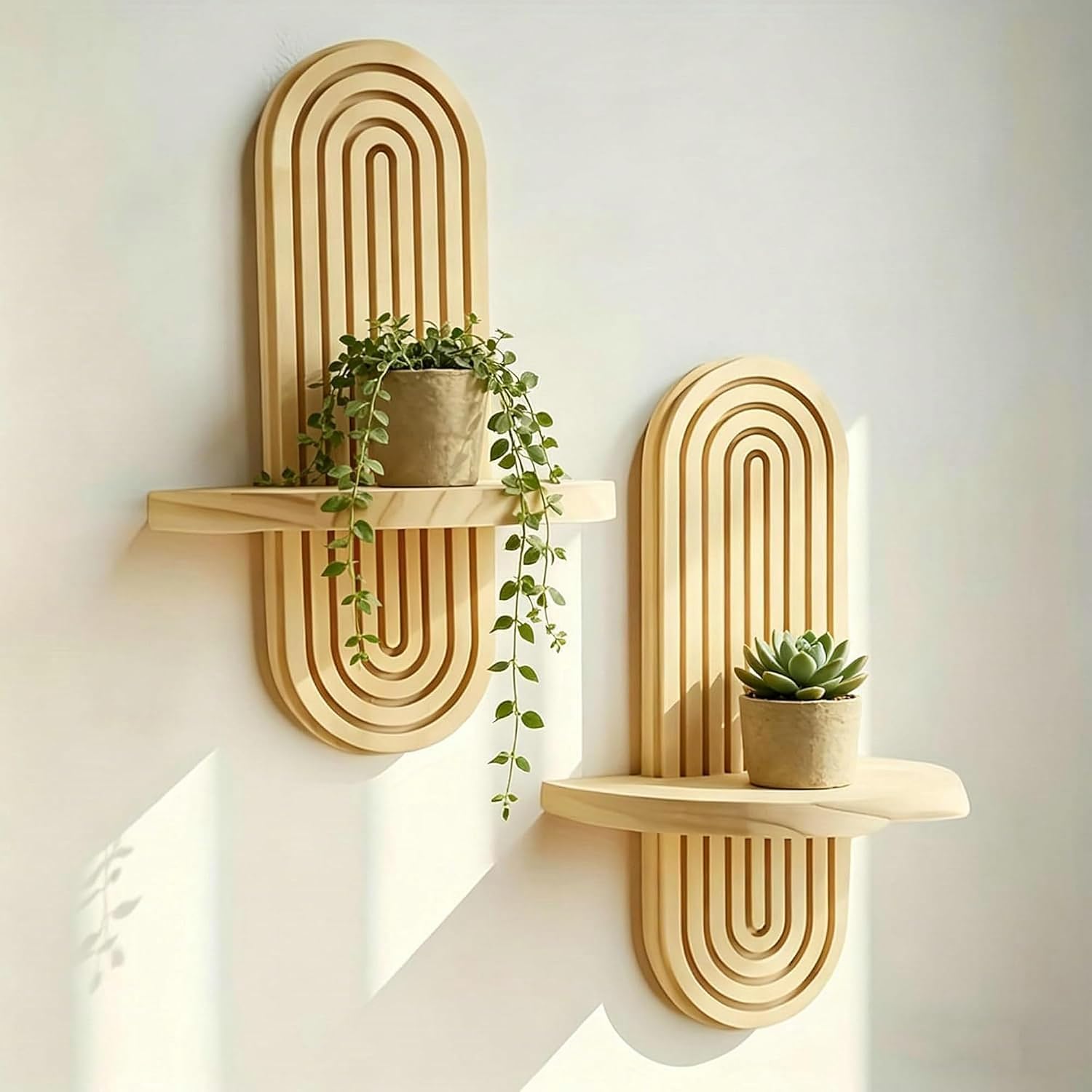 Wood Boho Arched Wall Shelf for Mini Plants & Decor / Natural / 11.8 x 7.8 / Set of 2