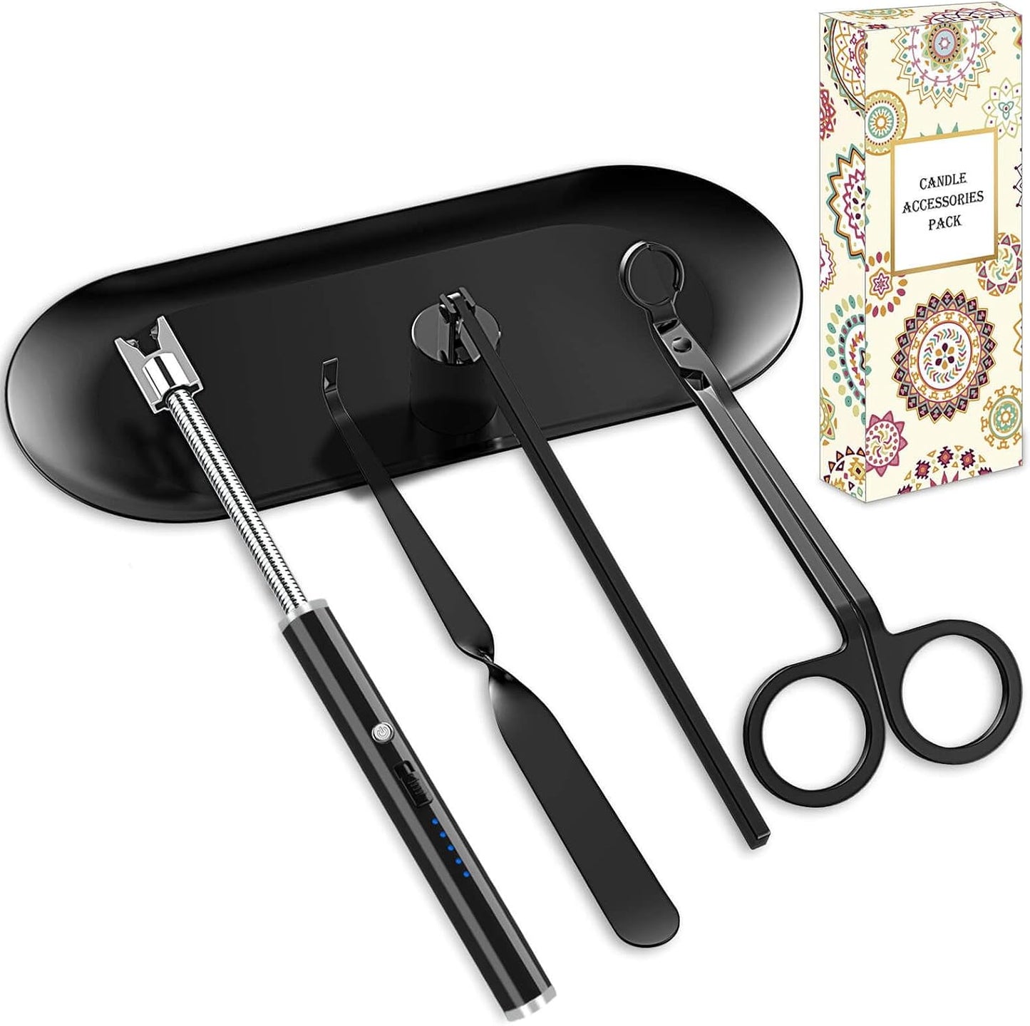 Black 5 in 1 Candle Care Kit, Elegant Candle Wick Trimmer Set, Candle Lighter Set, Candle Snuffer, Candle Tray, Candle