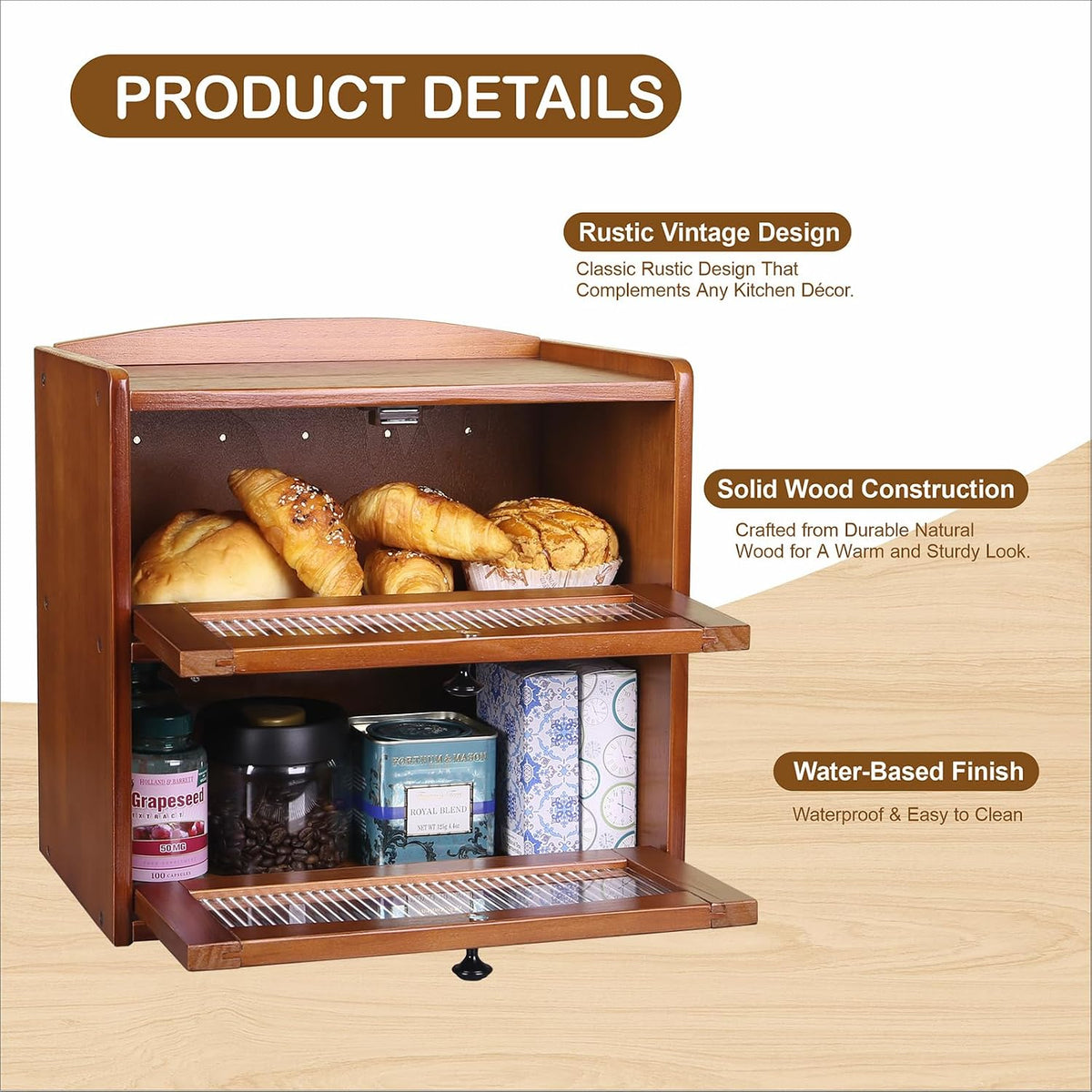 Large Wooden Bread Box for Kitchen Countertop, 2-Tier, Teak | Clear Acrylic Window Spacious Bread Storage Farmhouse