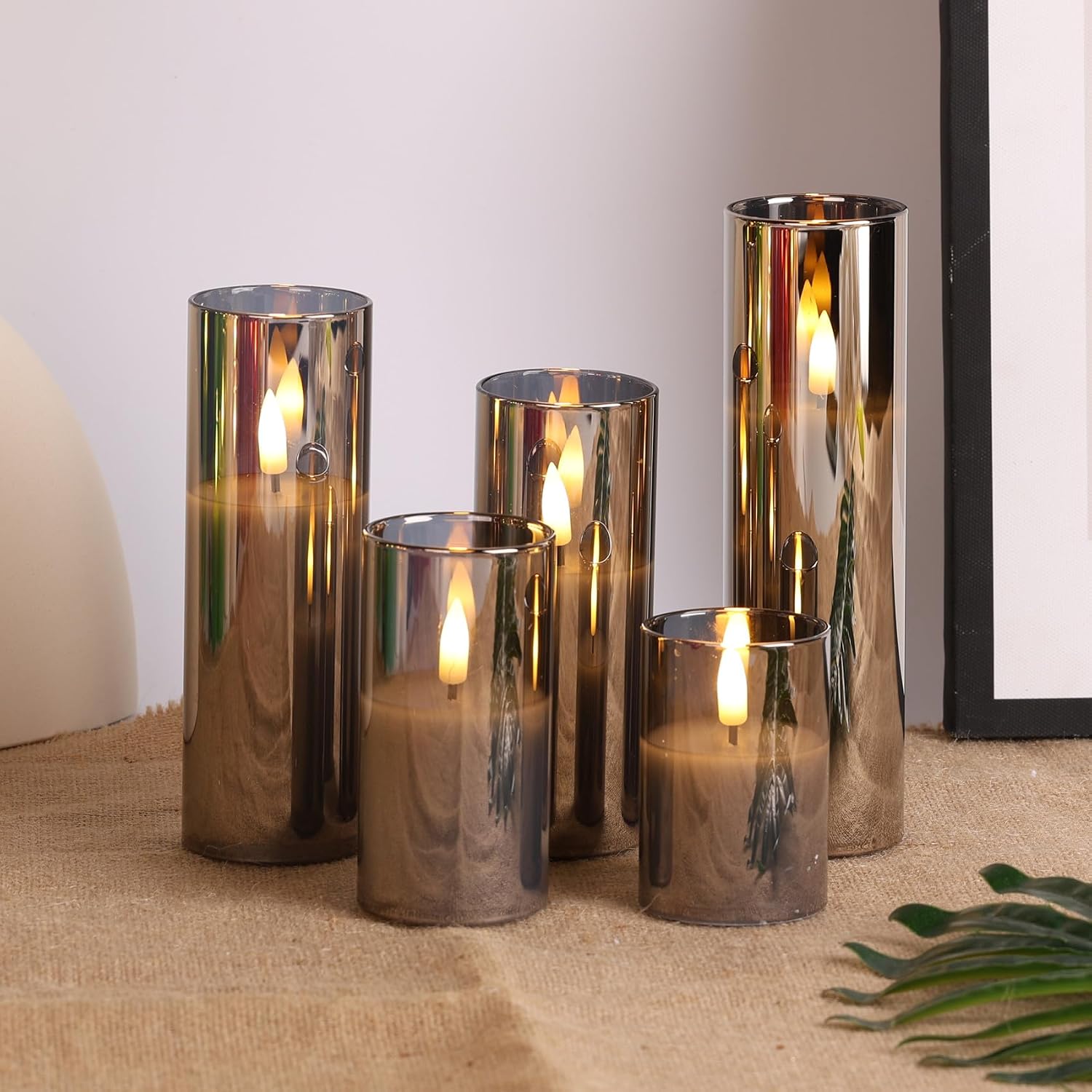 Grey Glass Flameless Pillar Candles with Remote Batteries Set of 5 | Flickering Tall LED Candles, Batteries Included