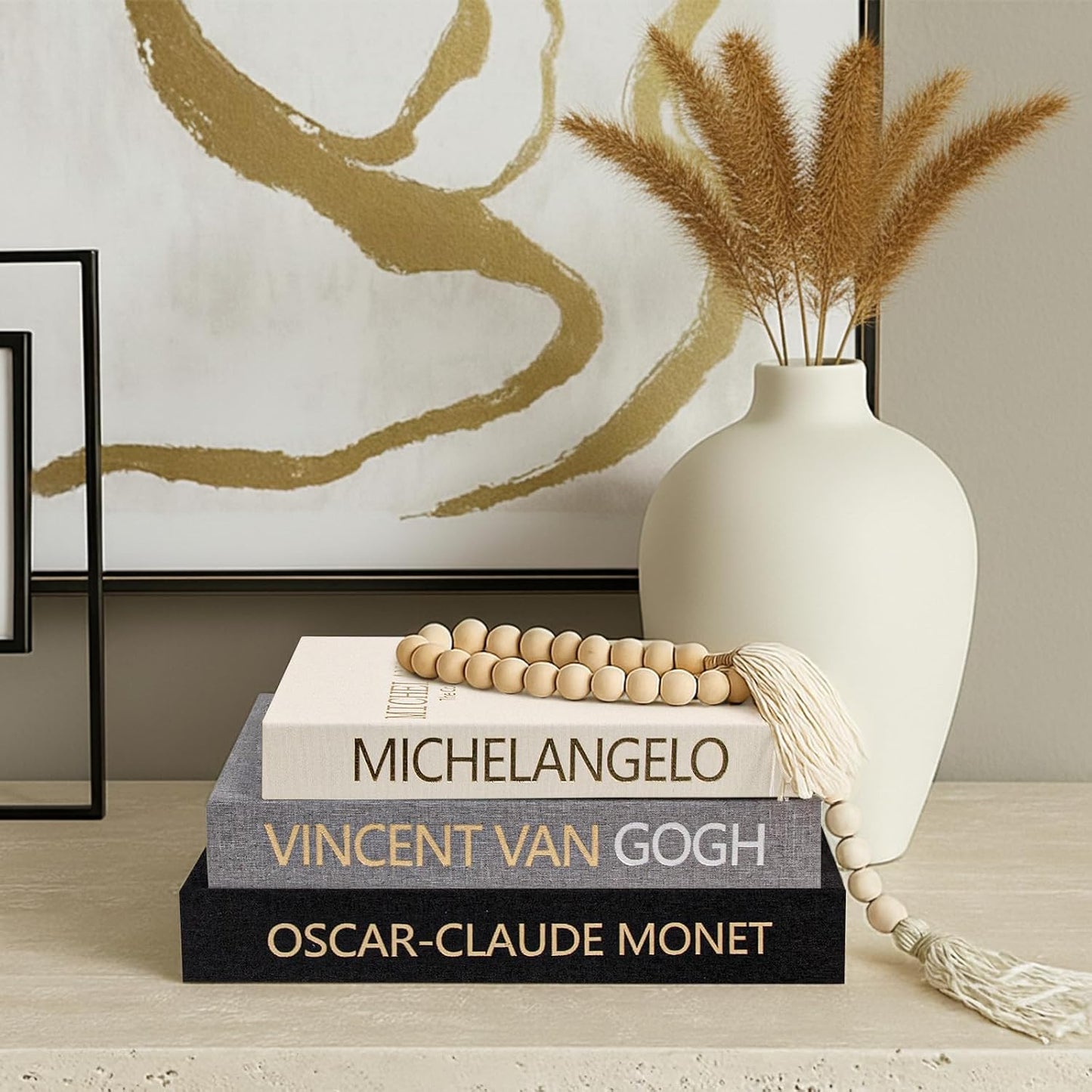 Linen Fake Books for Decoration / Black W. Wooden Beaded / Set of 3