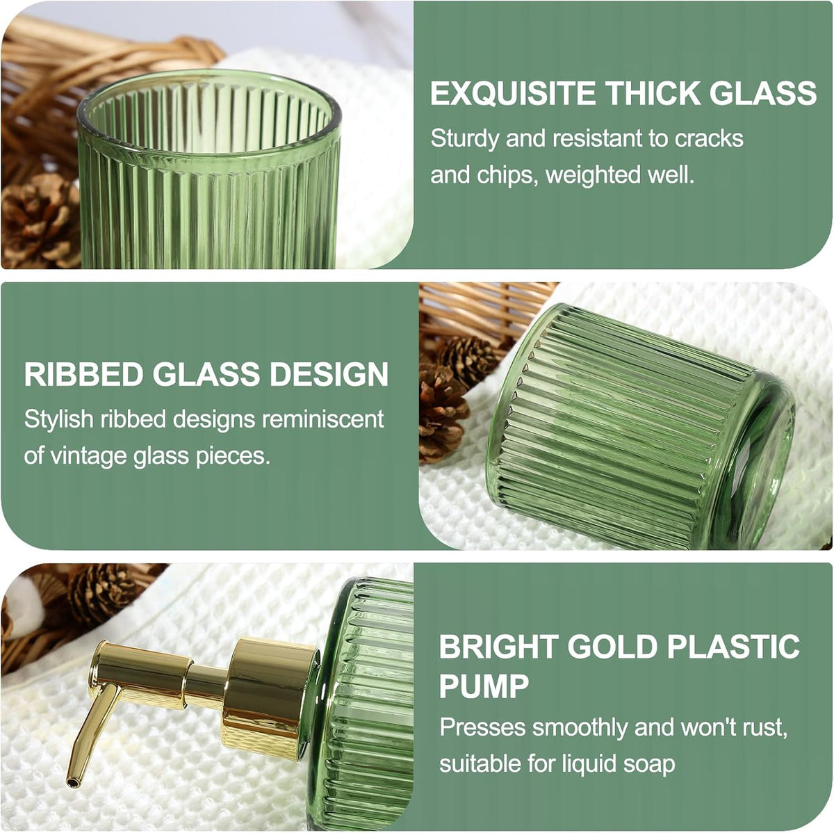 Green Bathroom Accessories 5 Pcs, Glass Bathroom Accessory Set, Vintage Green Bathroom Set, Sage Green Soap Dispenser
