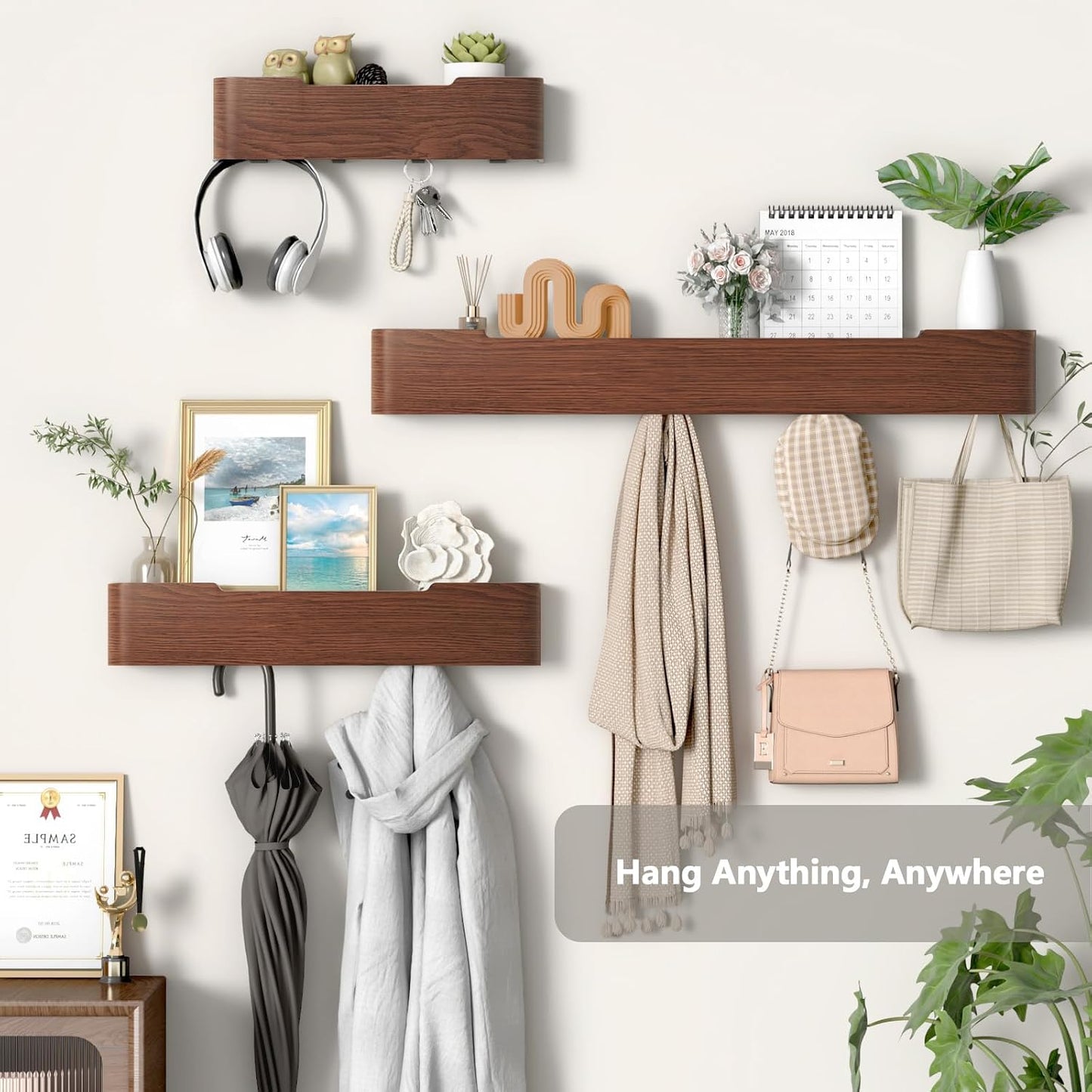 Wooden Entryway Organizer / Walnut / 4 Hooks