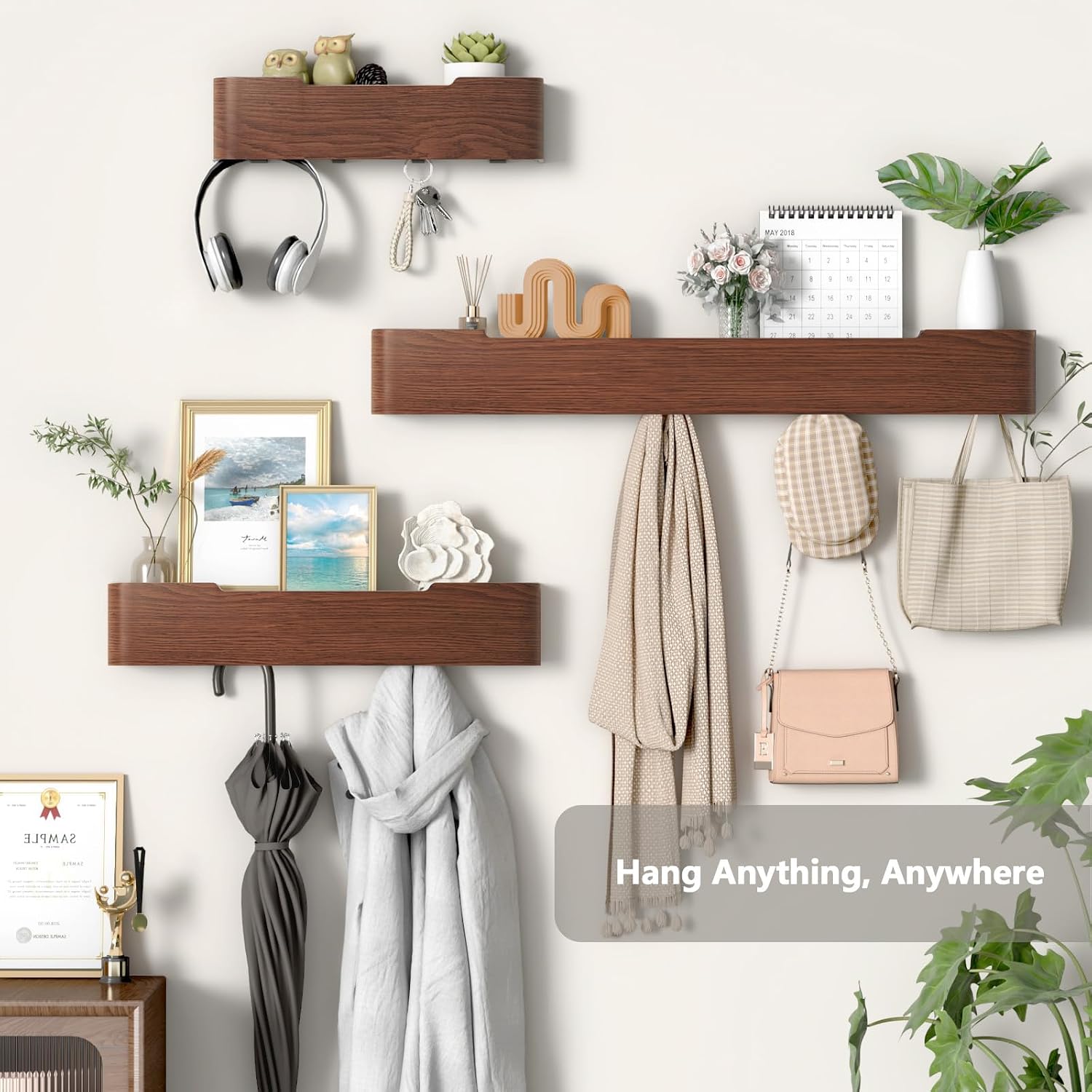 Wooden Entryway Organizer / Walnut / 4 Hooks